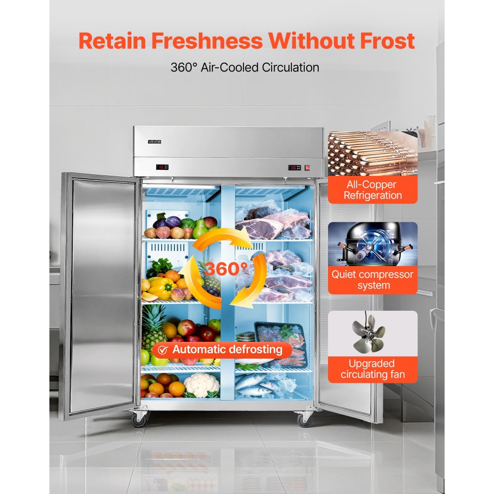 VEVOR Commercial Refrigerator and Freezer Combo, 31.89 in Width Reach In Upright-Freezer Double Door, 31.1 Cu.ft Auto-Defrost Stainless Steel Freezer with 8 Adjustable Shelves, LED Light, 4 Wheels
