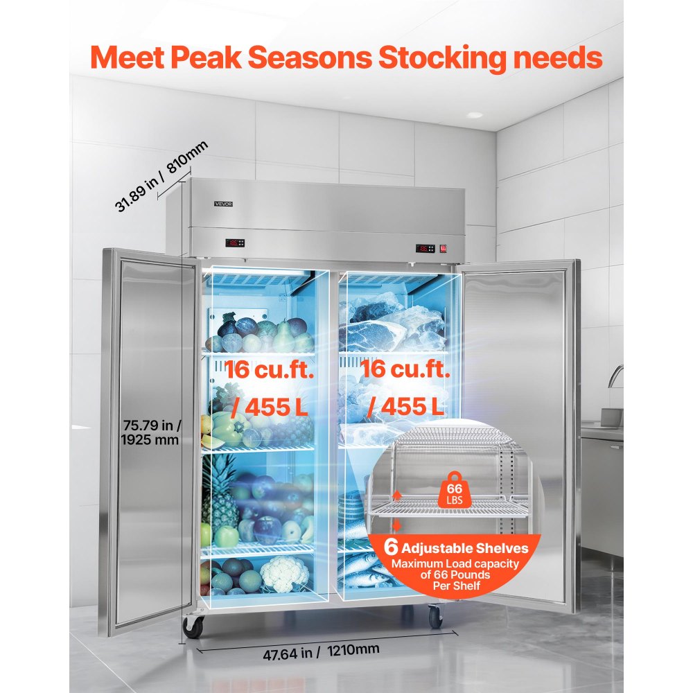 VEVOR Commercial Refrigerator and Freezer Combo, 31.89 in Width Reach In Upright-Freezer Double Door, 31.1 Cu.ft Auto-Defrost Stainless Steel Freezer with 8 Adjustable Shelves, LED Light, 4 Wheels