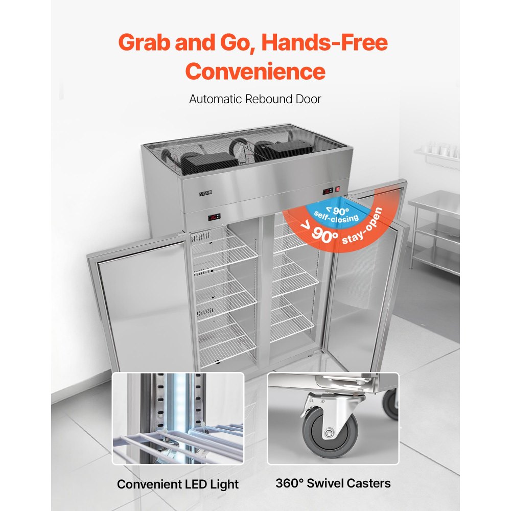 VEVOR Commercial Refrigerator and Freezer Combo, 31.89 in Width Reach In Upright-Freezer Double Door, 31.1 Cu.ft Auto-Defrost Stainless Steel Freezer with 8 Adjustable Shelves, LED Light, 4 Wheels