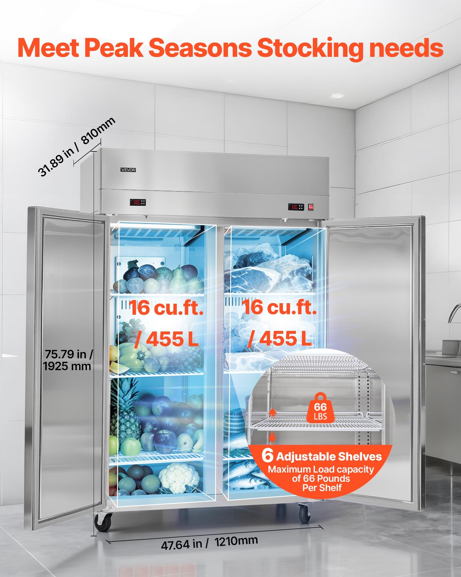 VEVOR Commercial Refrigerator and Freezer Combo, 31.89 in Width Reach In Upright-Freezer Double Door, 31.1 Cu.ft Auto-Defrost Stainless Steel Freezer with 8 Adjustable Shelves, LED Light, 4 Wheels