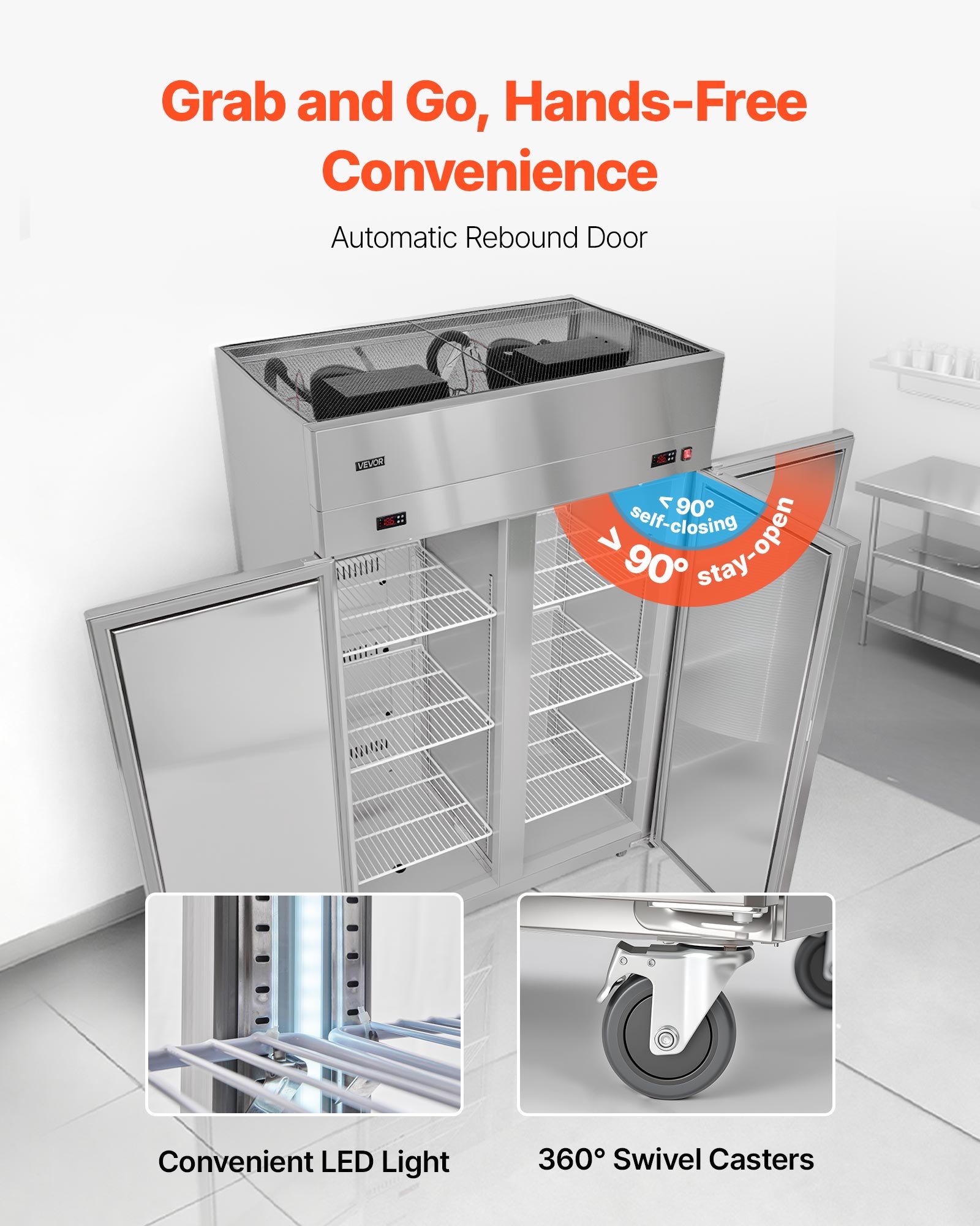 VEVOR Commercial Refrigerator and Freezer Combo, 31.89 in Width Reach In Upright-Freezer Double Door, 31.1 Cu.ft Auto-Defrost Stainless Steel Freezer with 8 Adjustable Shelves, LED Light, 4 Wheels