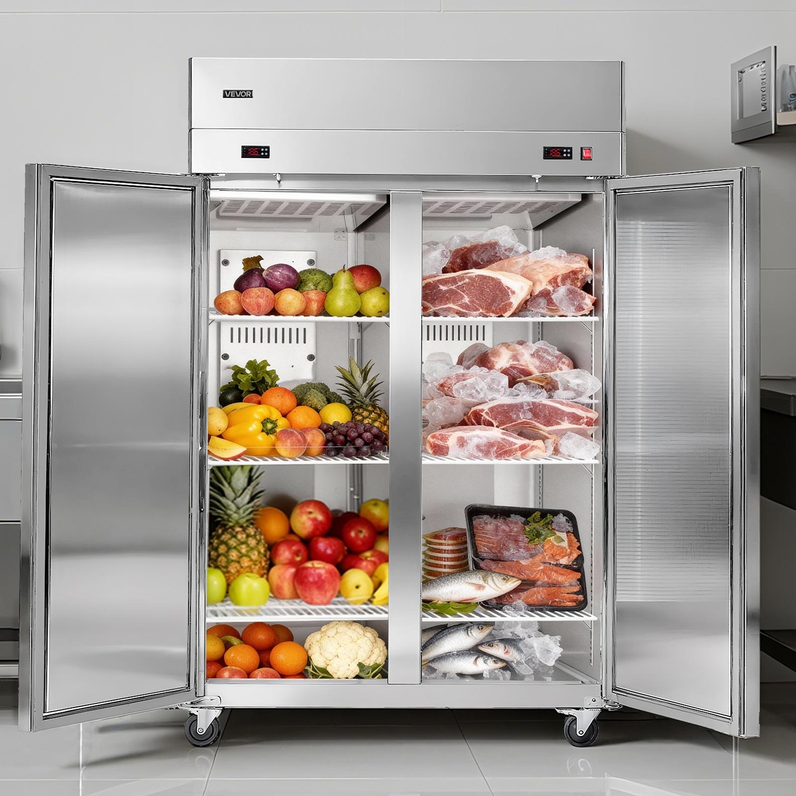 VEVOR Commercial Refrigerator and Freezer Combo, 31.89 in Width Reach In Upright-Freezer Double Door, 31.1 Cu.ft Auto-Defrost Stainless Steel Freezer with 8 Adjustable Shelves, LED Light, 4 Wheels
