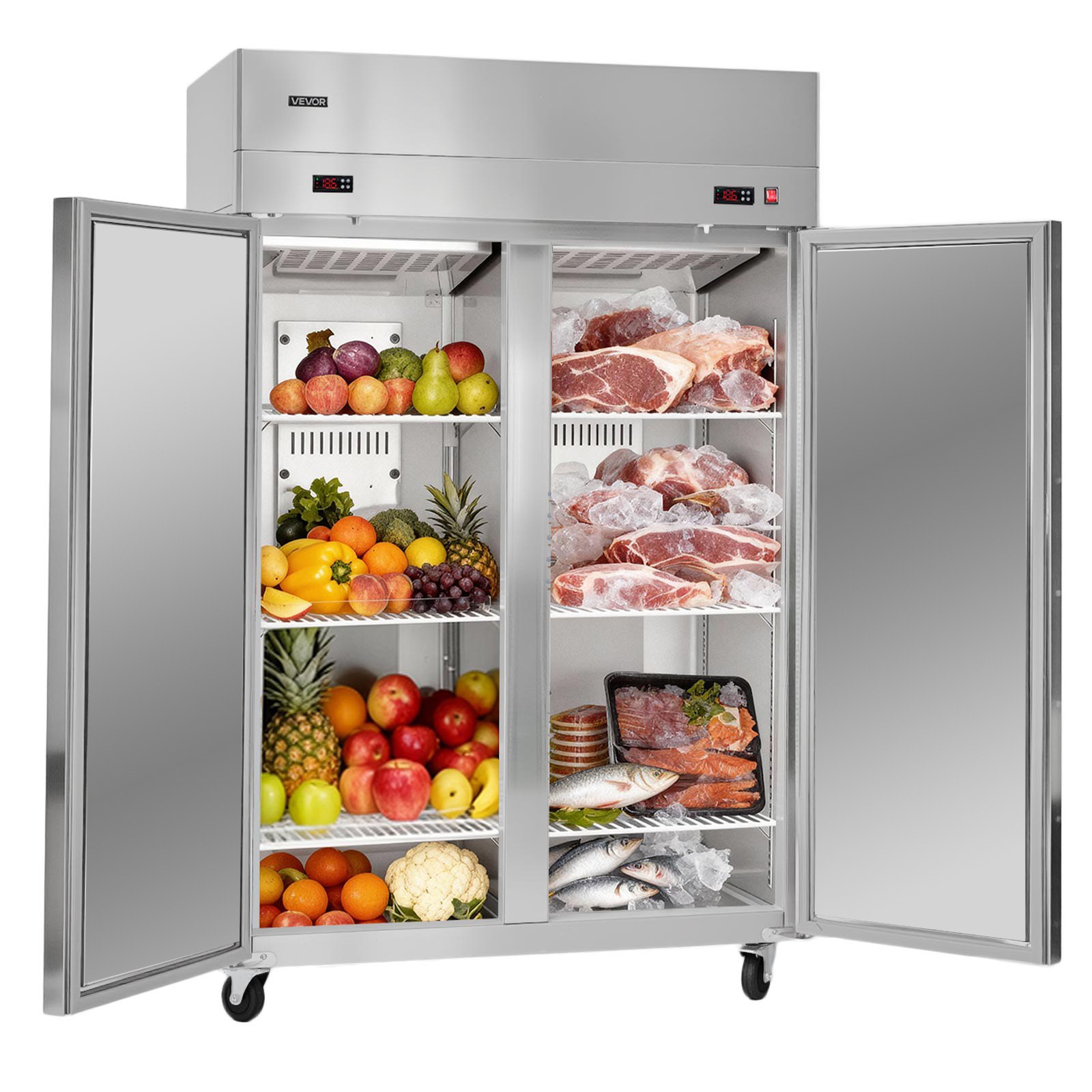 VEVOR Commercial Refrigerator and Freezer Combo, 31.89 in Width Reach In Upright-Freezer Double Door, 31.1 Cu.ft Auto-Defrost Stainless Steel Freezer with 8 Adjustable Shelves, LED Light, 4 Wheels