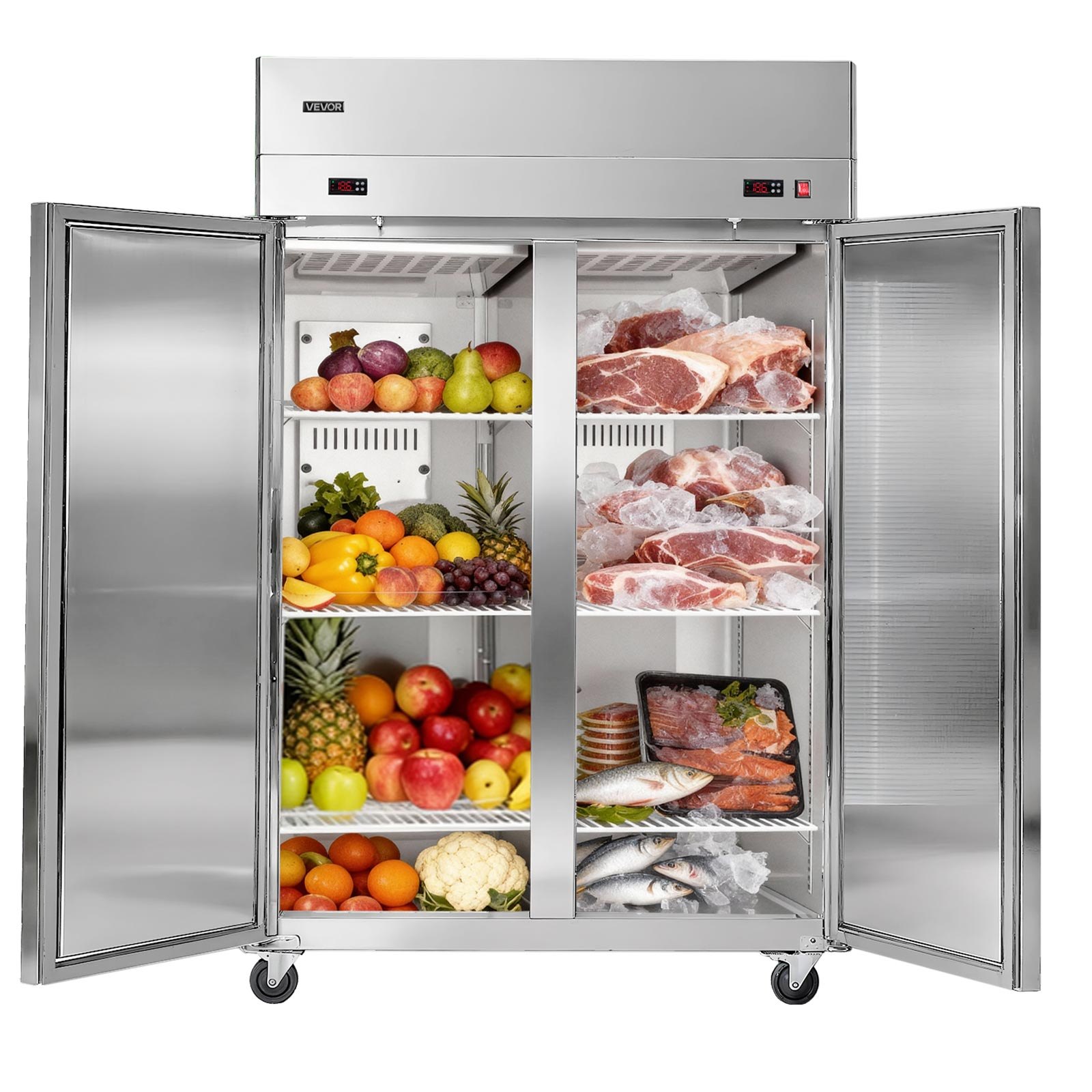 VEVOR Commercial Refrigerator and Freezer Combo, 31.89 in Width Reach In Upright-Freezer Double Door, 31.1 Cu.ft Auto-Defrost Stainless Steel Freezer with 8 Adjustable Shelves, LED Light, 4 Wheels