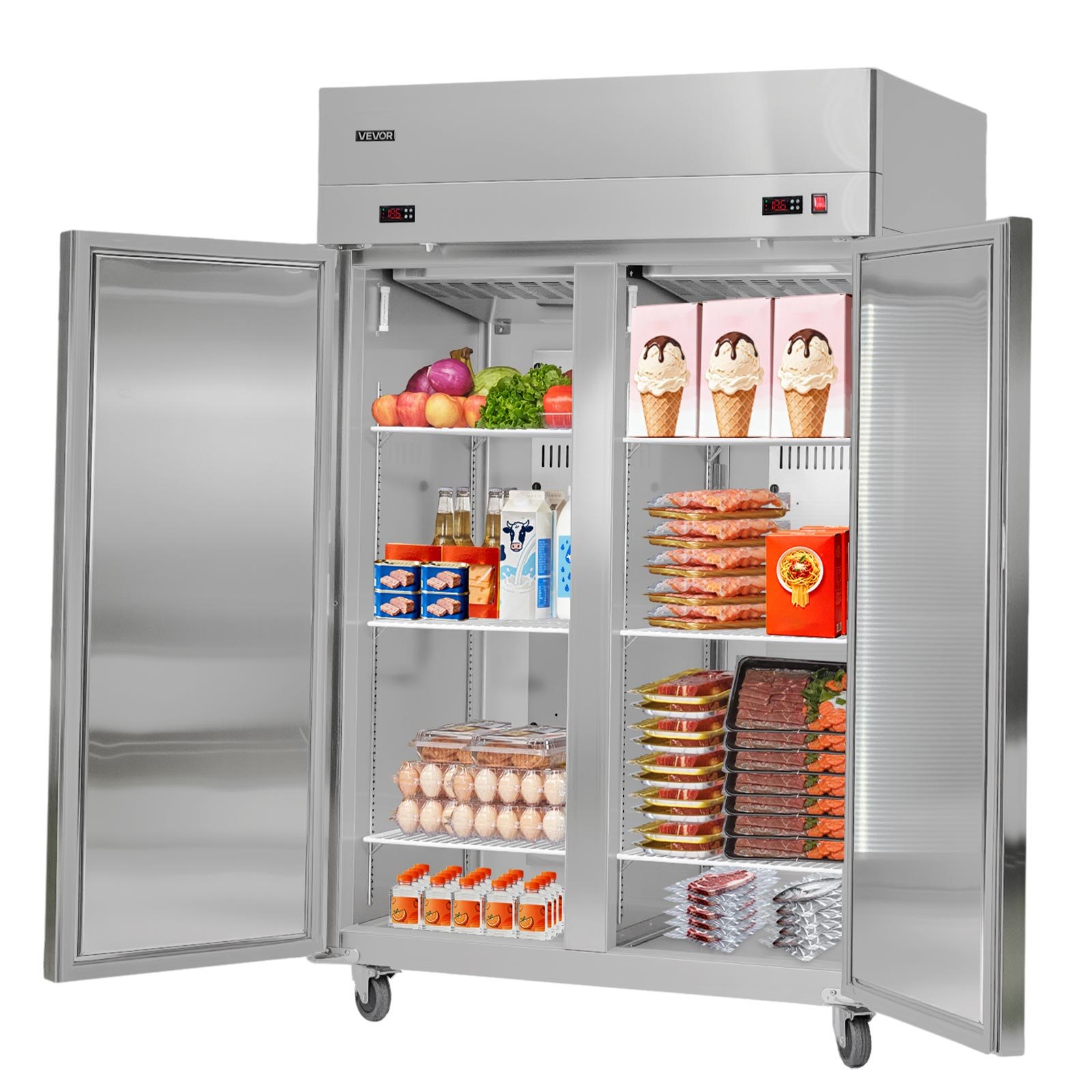 VEVOR Commercial Refrigerator and Freezer Combo, 31.89 in Width Reach In Upright-Freezer Double Door, 31.1 Cu.ft Auto-Defrost Stainless Steel Freezer with 8 Adjustable Shelves, LED Light, 4 Wheels
