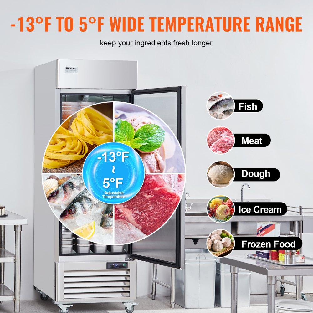 VEVOR Commercial Freezer 20.12 Cu.ft, Reach In Upright Freezer Single Door, Auto-Defrost Stainless Steel Reach-in Freezer with 3 Adjustable Shelves, -13 to 5℉ Temp Control and 4 Wheels
