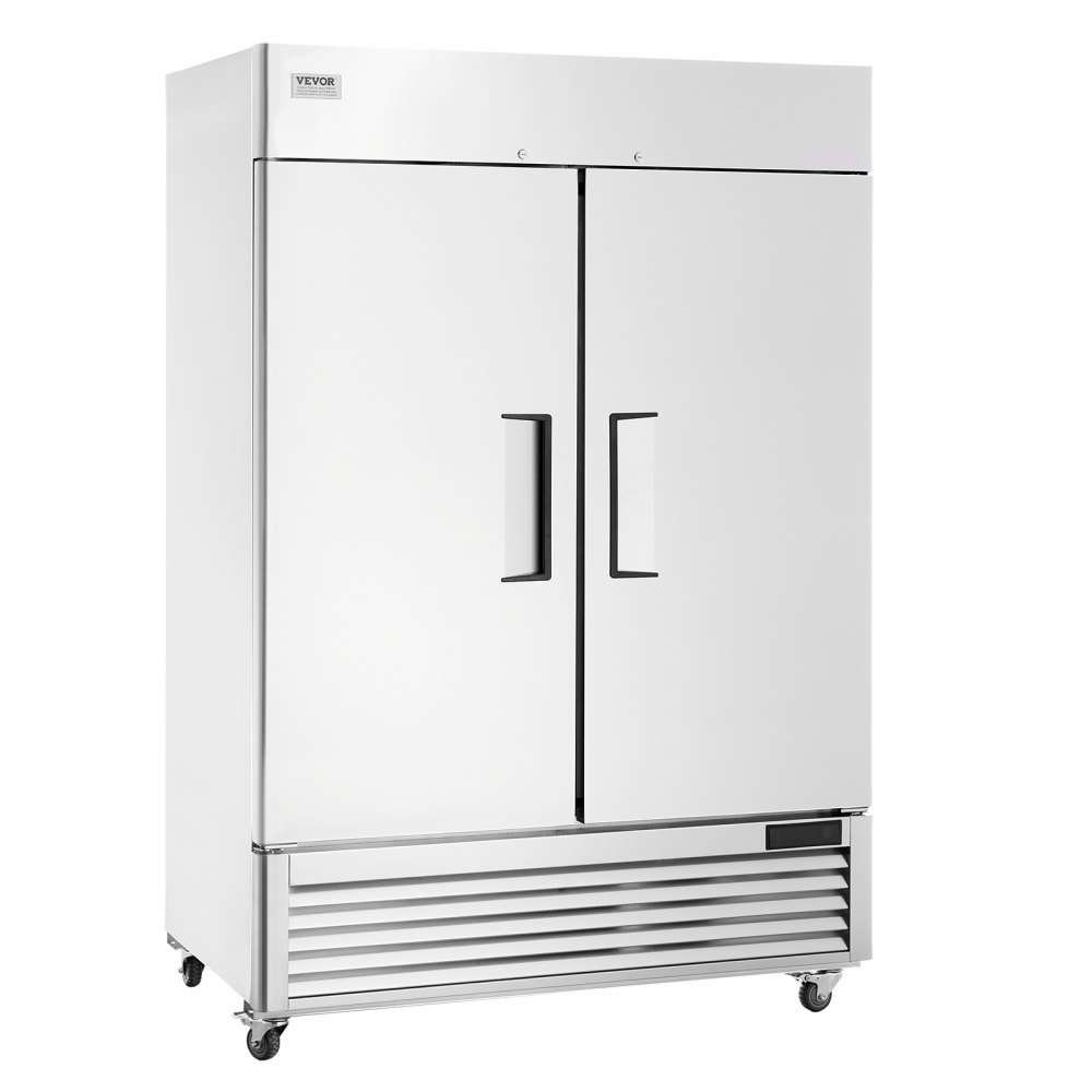 VEVOR commercial freezer with double doors, stainless steel finish, and caster wheels for easy mobility.