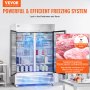 VEVOR commercial freezer with open doors showing organized frozen food, highlighting cooling performance.