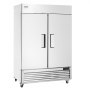 VEVOR commercial freezer with double doors, stainless steel finish, and caster wheels for easy mobility.