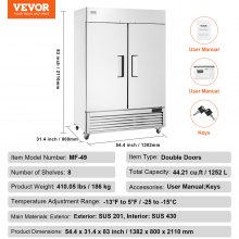 VEVOR Commercial Freezer 44.21 Cu.ft, Reach In 54.4" W Upright Freezer 2 Doors, Auto-Defrost Stainless Steel Reach-in Freezer with 8 Adjustable Shelves, -13 to 5℉ Temp Control, LED Lighting, 4 Wheels