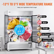 Congelador comercial VEVOR 38,83 pés cúbicos, freezer vertical de alcance 2 portas, freezer de aço inoxidável com degelo automático com 6 prateleiras ajustáveis, controle de temperatura de -13 a 5 ℉ e 4 rodas