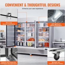 VEVOR Commercial Freezer 60.42 Cu.ft, Reach In 82.5" W Upright Freezer 3 Doors, Auto-Defrost Stainless Steel Reach-in Freezer with 12 Adjustable Shelves, -13 to 5℉ Temp Control, LED Lighting, 4 Wheels