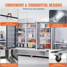 VEVOR Commercial Freezer 60.42 Cu.ft, Reach In 82.5" W Upright Freezer 3 Doors, Auto-Defrost Stainless Steel Reach-in Freezer with 12 Adjustable Shelves, -13 to 5℉ Temp Control, LED Lighting, 4 Wheels
