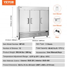 VEVOR Commercial Freezer 60.42 Cu.ft, Reach In 82.5" W Upright Freezer 3 Doors, Auto-Defrost Stainless Steel Reach-in Freezer with 12 Adjustable Shelves, -13 to 5℉ Temp Control, LED Lighting, 4 Wheels