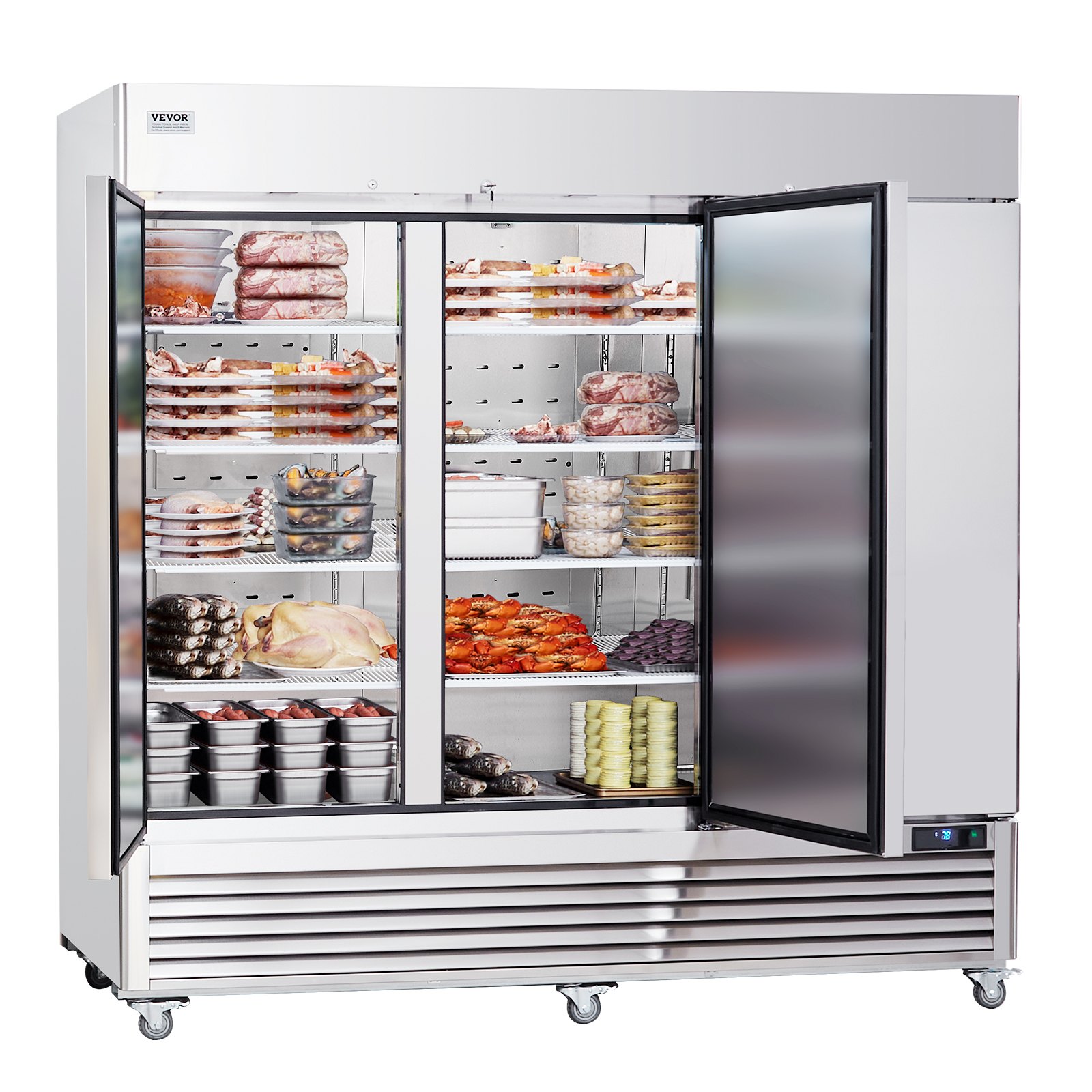 VEVOR Commercial Freezer 60.42 Cu.ft, Reach In 82.5" W Upright Freezer 3 Doors, Auto-Defrost Stainless Steel Reach-in Freezer with 12 Adjustable Shelves, -13 to 5℉ Temp Control, LED Lighting, 4 Wheels