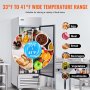 VEVOR commercial refrigerator showcasing a temperature range of 33°f to 41°f, suitable for various food items.