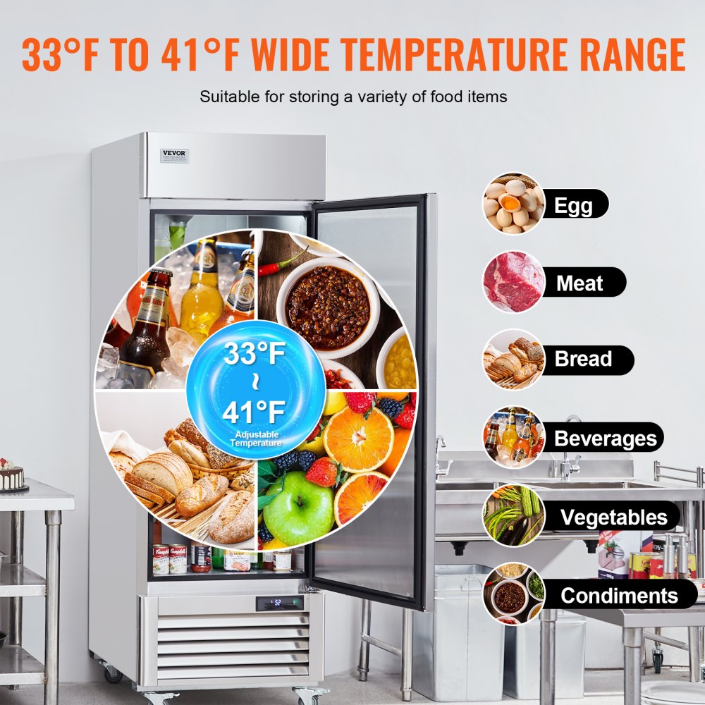 VEVOR Commercial Refrigerator 20.12 Cu.ft, Reach In Upright Refrigerator Single Door, Auto-Defrost Stainless Steel Reach-in Refrigerator with 3 Shelves, 28.4 to 46.4°F Temp Control and 4 Wheels