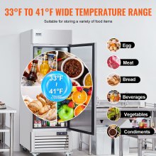 Frigider comercial VEVOR 20,12 ft cu, frigider vertical cu o singură ușă, cu dezghețare automată din oțel inoxidabil cu 3 rafturi, control al temperaturii de la 28,4 până la 46,4 °F și 4 roți