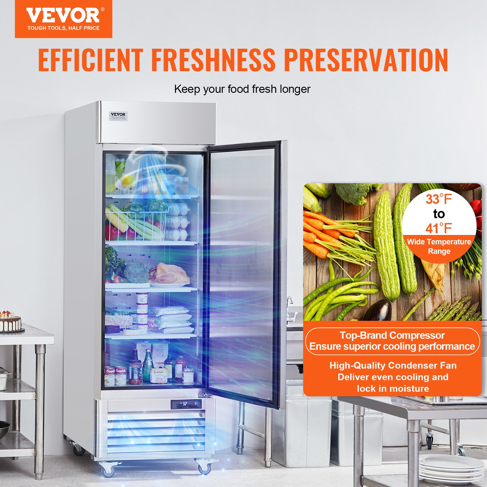 VEVOR Commercial Refrigerator 20.12 Cu.ft, Reach In Upright Refrigerator Single Door, Auto-Defrost Stainless Steel Reach-in Refrigerator with 3 Shelves, 28.4 to 46.4°F Temp Control and 4 Wheels