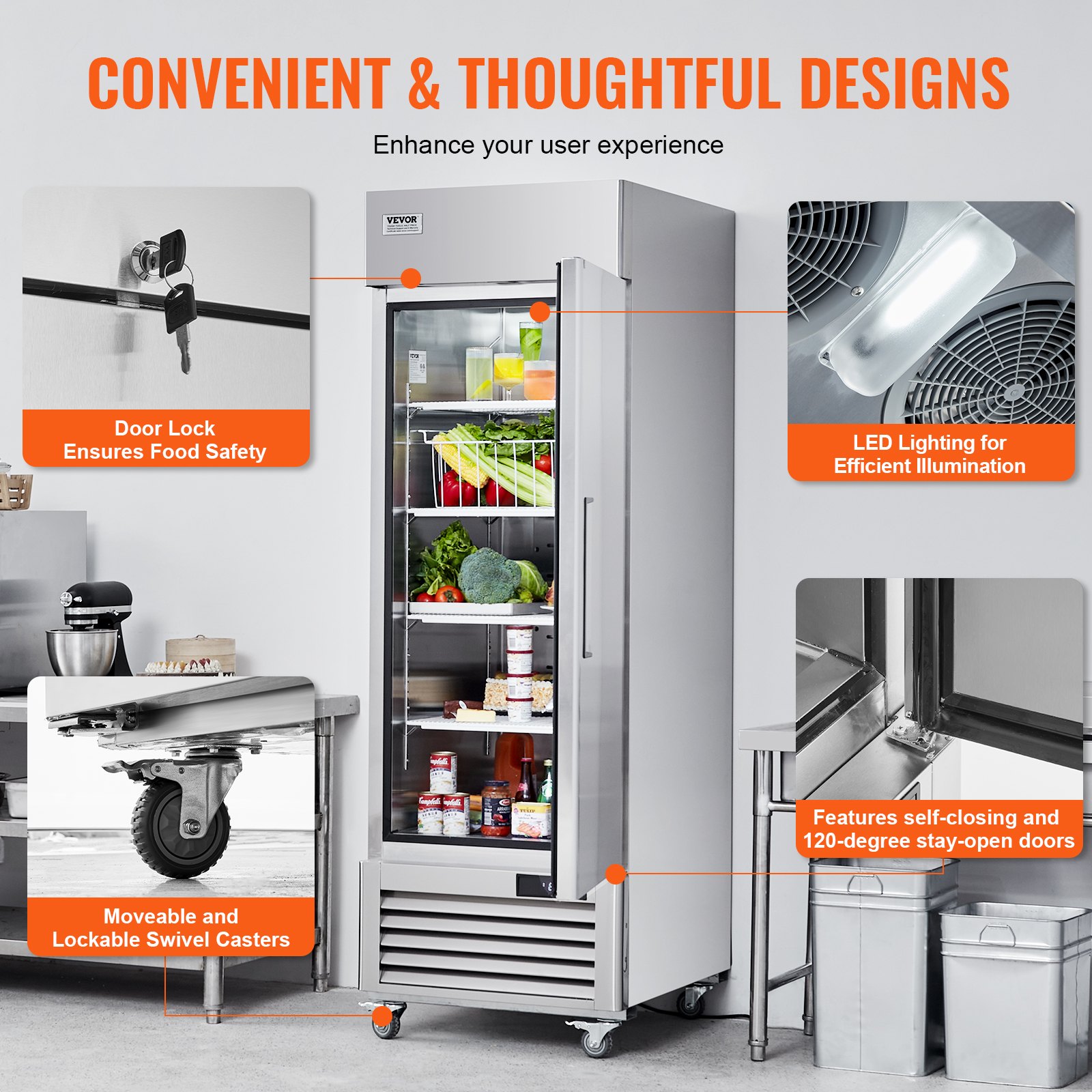 VEVOR Commercial Refrigerator 20.12 Cu.ft, Reach In Upright Refrigerator Single Door, Auto-Defrost Stainless Steel Reach-in Refrigerator with 3 Shelves, 28.4 to 46.4°F Temp Control and 4 Wheels