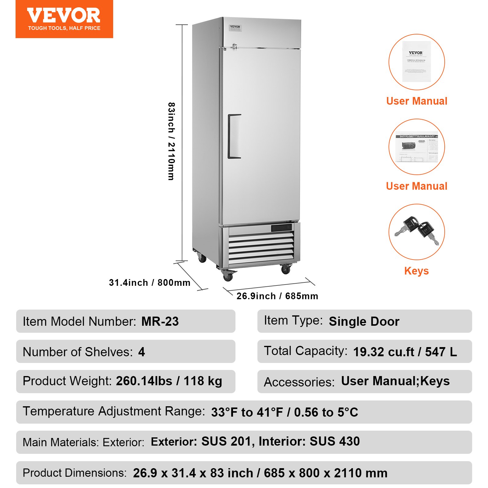 VEVOR Commercial Refrigerator 20.12 Cu.ft, Reach In Upright Refrigerator Single Door, Auto-Defrost Stainless Steel Reach-in Refrigerator with 3 Shelves, 28.4 to 46.4°F Temp Control and 4 Wheels