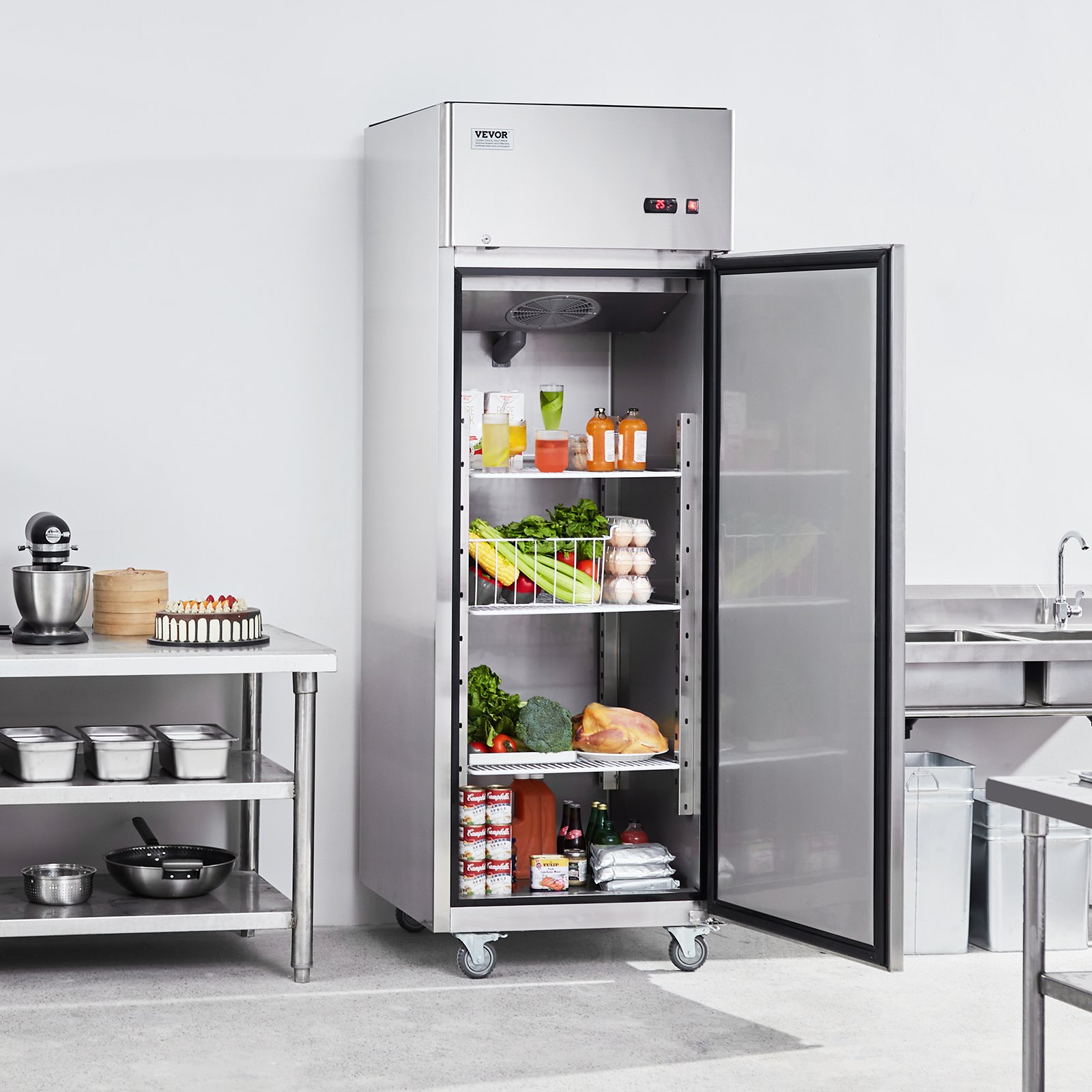 VEVOR Commercial Refrigerator 20.12 Cu.ft, Reach In Upright Refrigerator Single Door, Auto-Defrost Stainless Steel Reach-in Refrigerator with 3 Shelves, 28.4 to 46.4°F Temp Control and 4 Wheels