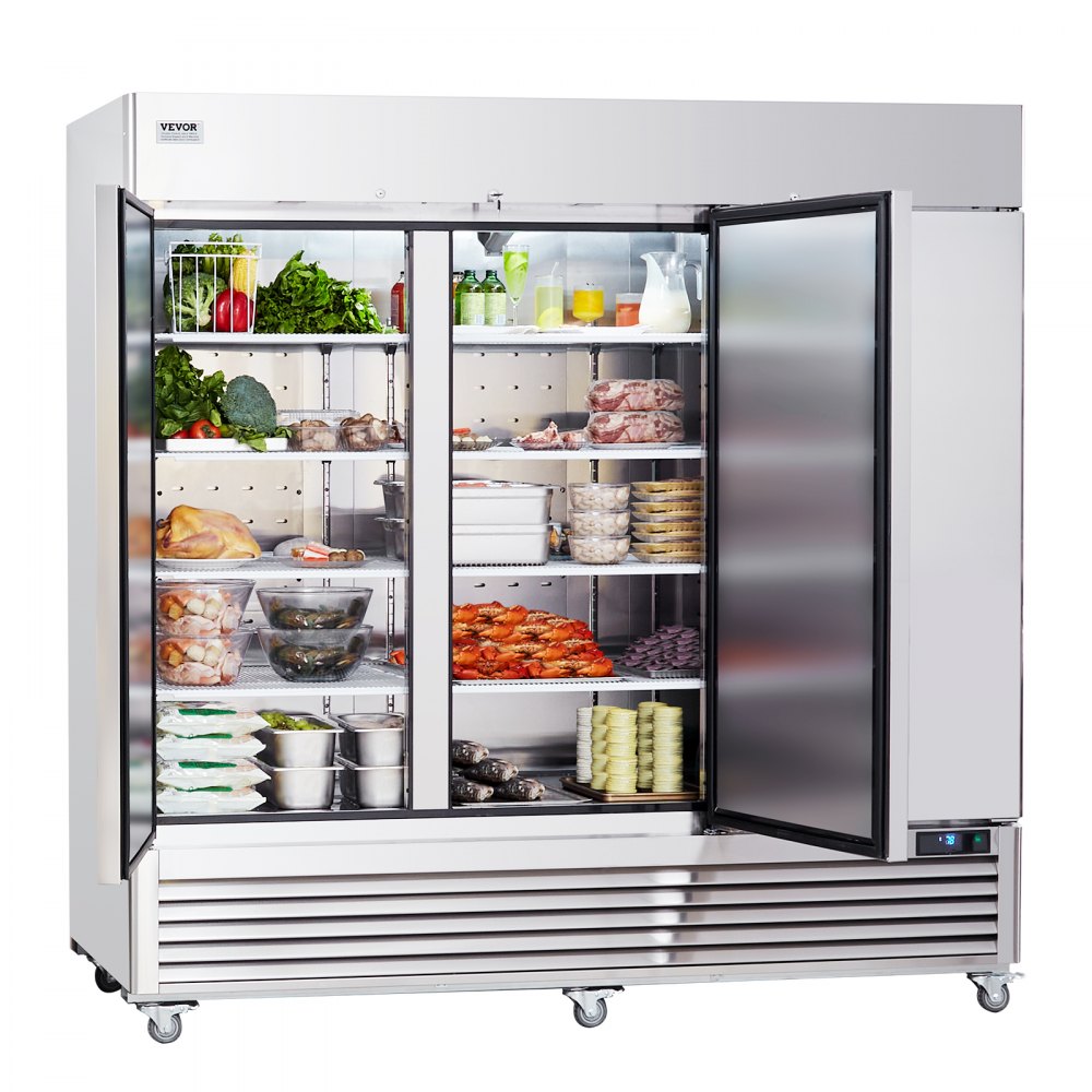 VEVOR Commercial Refrigerator 60.42 Cu.ft, Reach In 82.5" W Upright Refrigerator 3 Doors, Auto-Defrost Stainless Steel Reach-in Refrigerator & 12 Shelves, 33 to 41℉ Temp Control, LED Light, 4 Wheels
