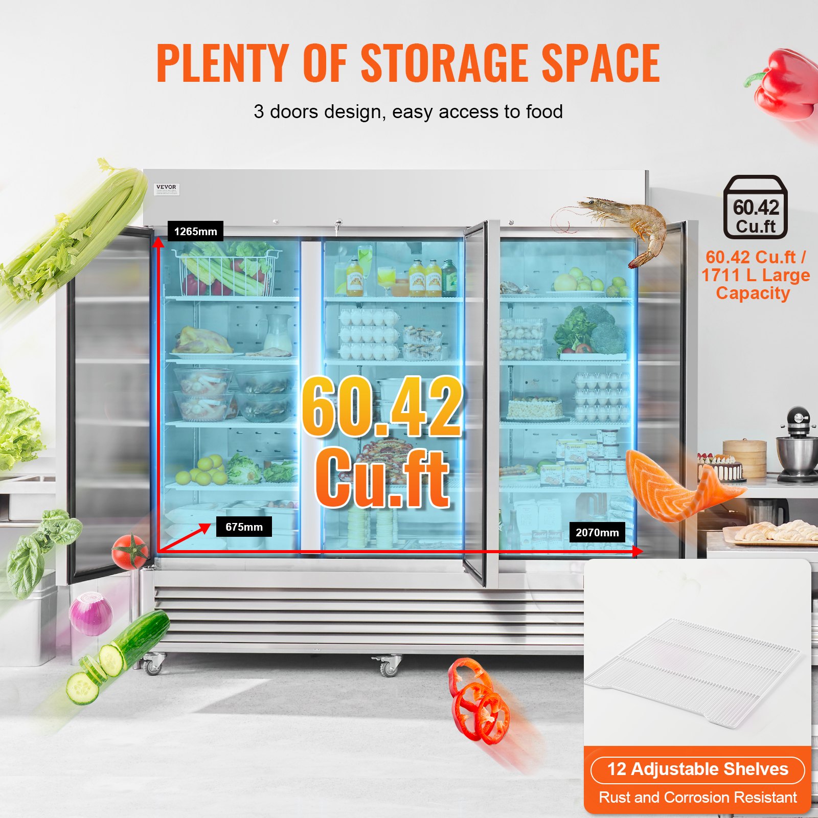 Commercial Refrigerator 60.42 Cu.ft, Reach In 82.5" W Upright Refrigerator 3 Doors, Auto-Defrost Stainless Steel Reach-in Refrigerator & 12 Shelves, 33 to 41℉ Temp Control, LED Light, 4 Wheels Commercial Refrigerator 60.42 Cu.ft, Reach In 82.5" W Upright Refrigerator 3 Doors, Auto-Defrost Stainless Steel Reach-in Refrigerator & 12 Shelves, 33 to 41℉ Temp Control, LED Light, 4 Wheels