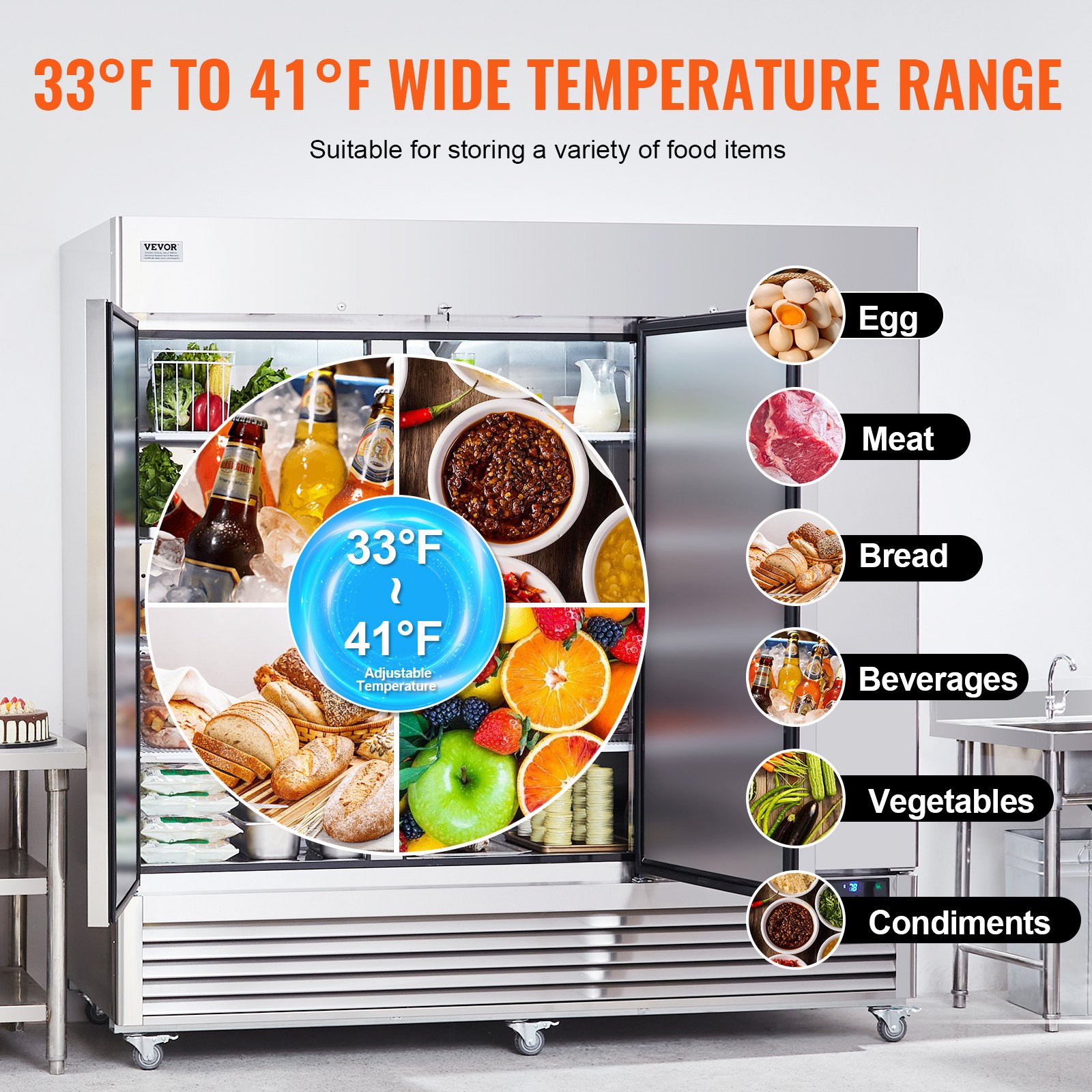 Commercial Refrigerator 60.42 Cu.ft, Reach In 82.5" W Upright Refrigerator 3 Doors, Auto-Defrost Stainless Steel Reach-in Refrigerator & 12 Shelves, 33 to 41℉ Temp Control, LED Light, 4 Wheels Commercial Refrigerator 60.42 Cu.ft, Reach In 82.5" W Upright Refrigerator 3 Doors, Auto-Defrost Stainless Steel Reach-in Refrigerator & 12 Shelves, 33 to 41℉ Temp Control, LED Light, 4 Wheels