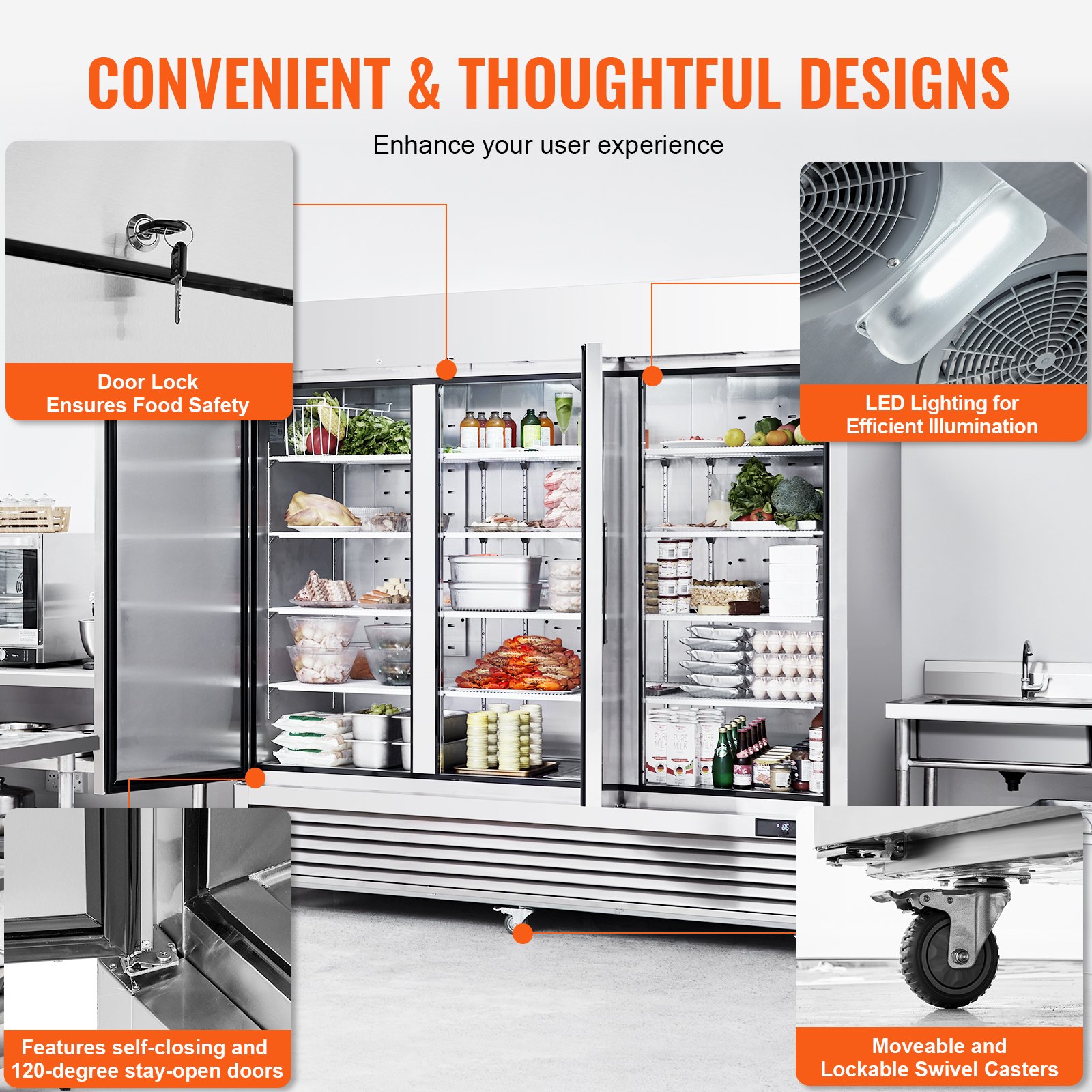 Commercial Refrigerator 60.42 Cu.ft, Reach In 82.5" W Upright Refrigerator 3 Doors, Auto-Defrost Stainless Steel Reach-in Refrigerator & 12 Shelves, 33 to 41℉ Temp Control, LED Light, 4 Wheels Commercial Refrigerator 60.42 Cu.ft, Reach In 82.5" W Upright Refrigerator 3 Doors, Auto-Defrost Stainless Steel Reach-in Refrigerator & 12 Shelves, 33 to 41℉ Temp Control, LED Light, 4 Wheels