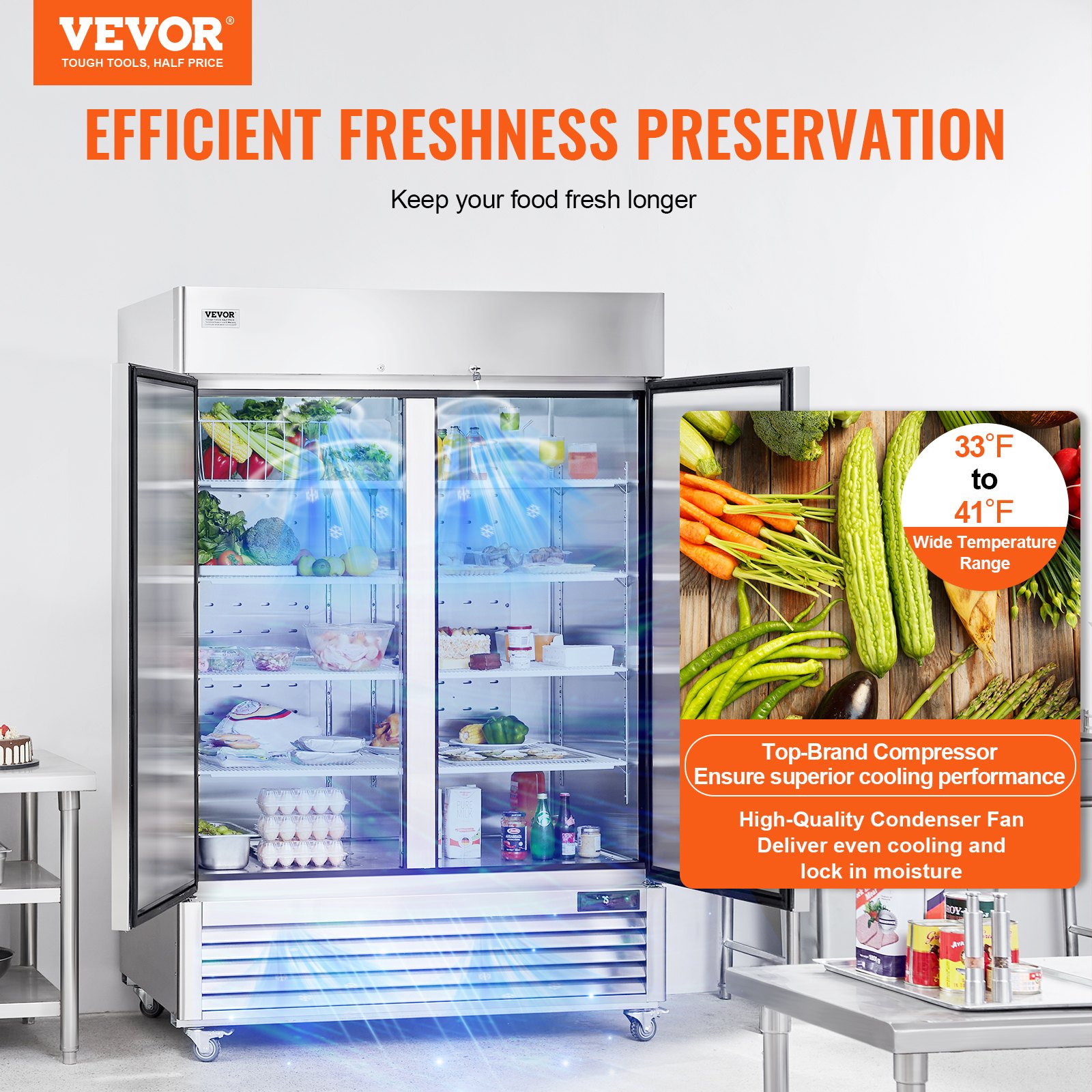 Commercial Refrigerator 44.21 Cu.ft, Reach In 54.4" W Upright Refrigerator 2 Doors, Auto-Defrost Stainless Steel Reach-in Refrigerator with 8 Shelves, 33 to 41℉ Temp Control, LED Light, 4 Wheels Commercial Refrigerator 44.21 Cu.ft, Reach In 54.4" W Upright Refrigerator 2 Doors, Auto-Defrost Stainless Steel Reach-in Refrigerator with 8 Shelves, 33 to 41℉ Temp Control, LED Light, 4 Wheels