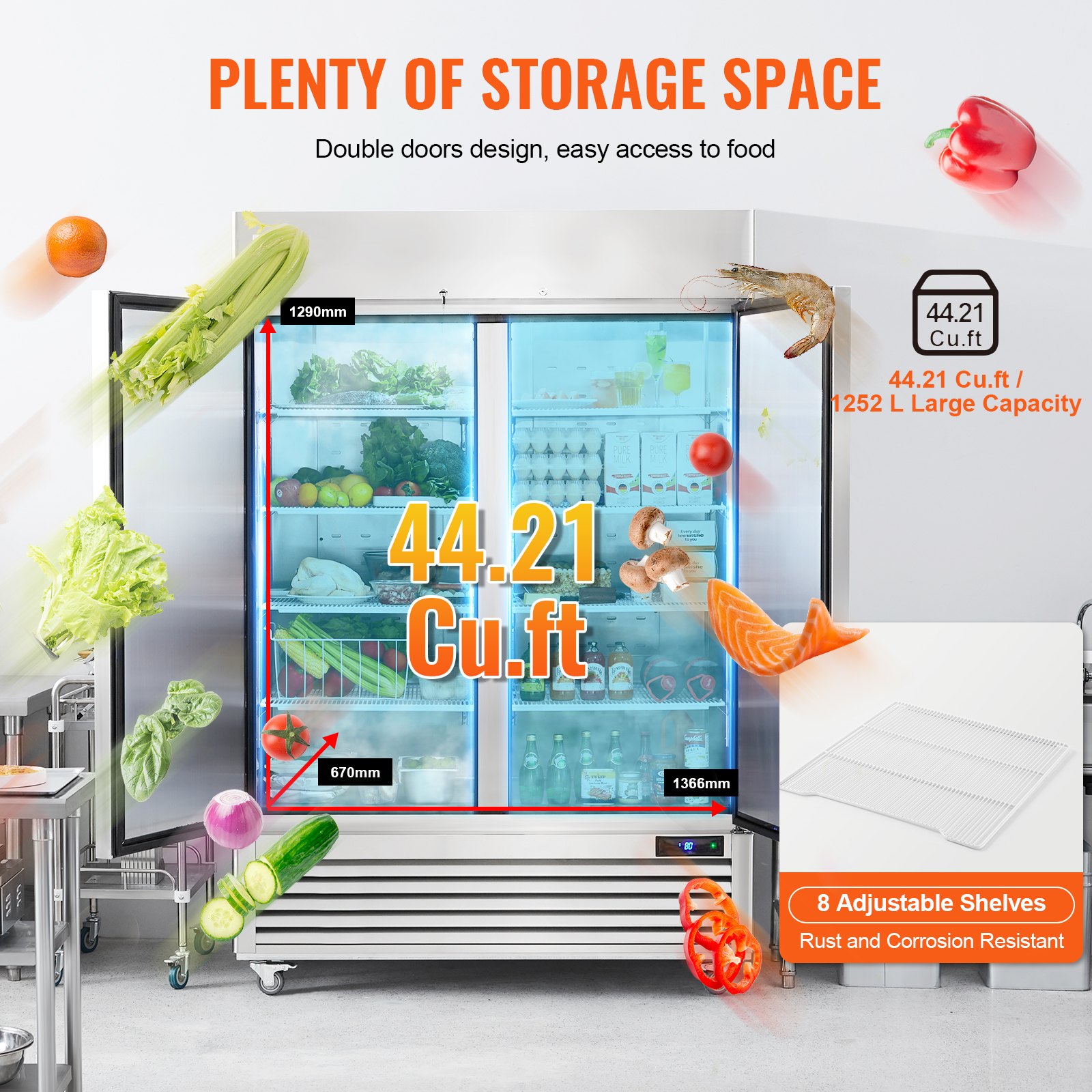 Commercial Refrigerator 44.21 Cu.ft, Reach In 54.4" W Upright Refrigerator 2 Doors, Auto-Defrost Stainless Steel Reach-in Refrigerator with 8 Shelves, 33 to 41℉ Temp Control, LED Light, 4 Wheels Commercial Refrigerator 44.21 Cu.ft, Reach In 54.4" W Upright Refrigerator 2 Doors, Auto-Defrost Stainless Steel Reach-in Refrigerator with 8 Shelves, 33 to 41℉ Temp Control, LED Light, 4 Wheels