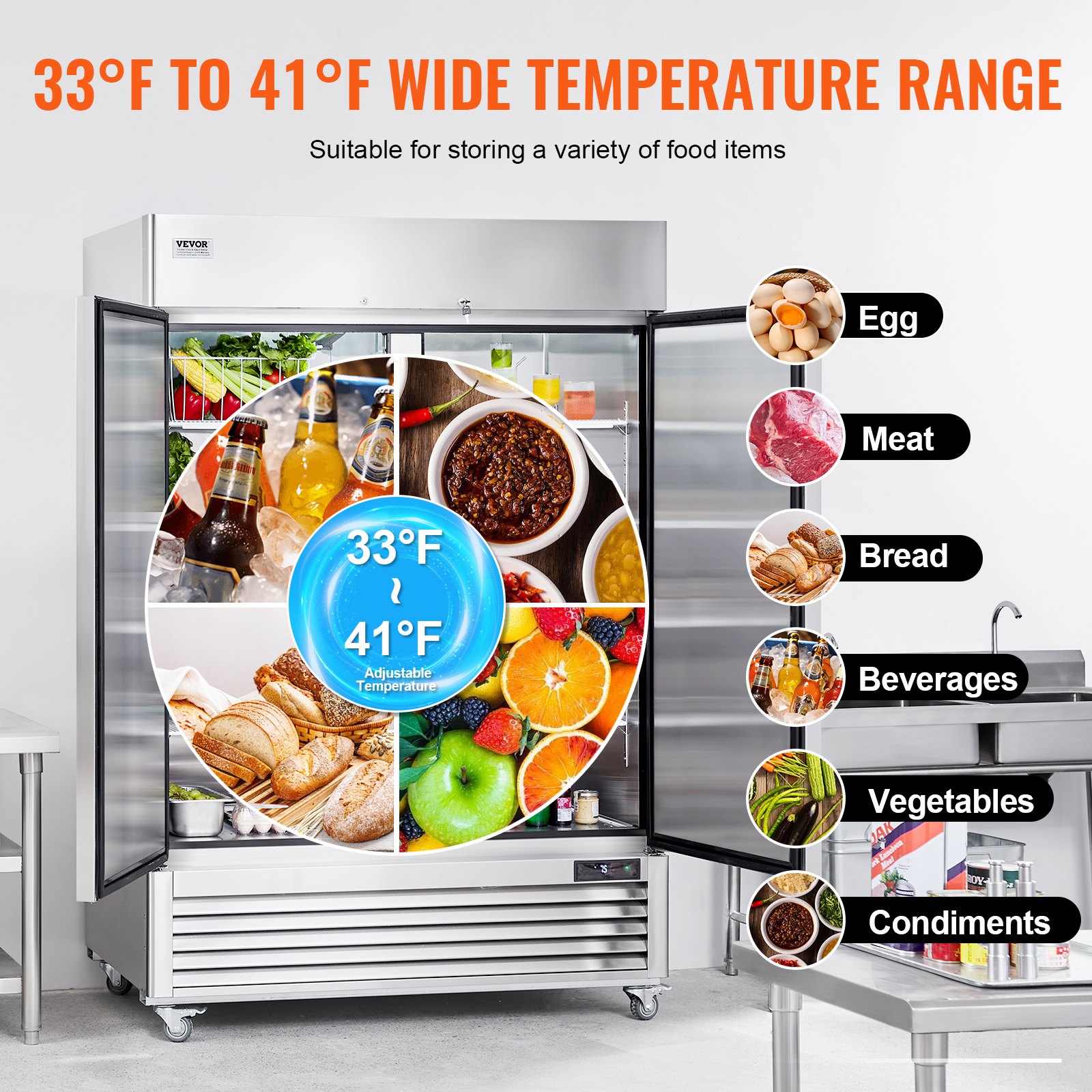 Commercial Refrigerator 44.21 Cu.ft, Reach In 54.4" W Upright Refrigerator 2 Doors, Auto-Defrost Stainless Steel Reach-in Refrigerator with 8 Shelves, 33 to 41℉ Temp Control, LED Light, 4 Wheels Commercial Refrigerator 44.21 Cu.ft, Reach In 54.4" W Upright Refrigerator 2 Doors, Auto-Defrost Stainless Steel Reach-in Refrigerator with 8 Shelves, 33 to 41℉ Temp Control, LED Light, 4 Wheels