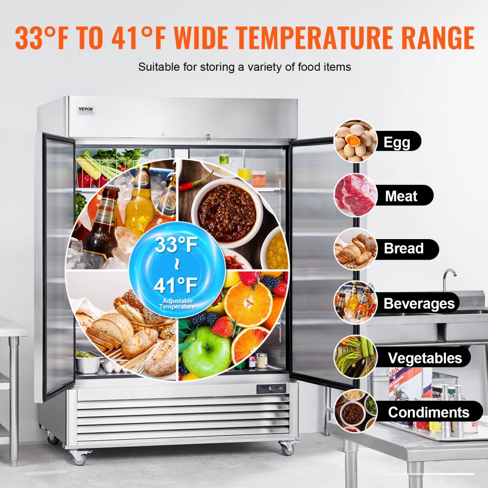 VEVOR Commercial Refrigerator 38.83 Cu.ft, Reach In Upright Refrigerator 2 Doors, Auto-Defrost Stainless Steel Reach-in Refrigerator with 6 Shelves, 28.4 to 46.4°F Temp Control and 4 Wheels