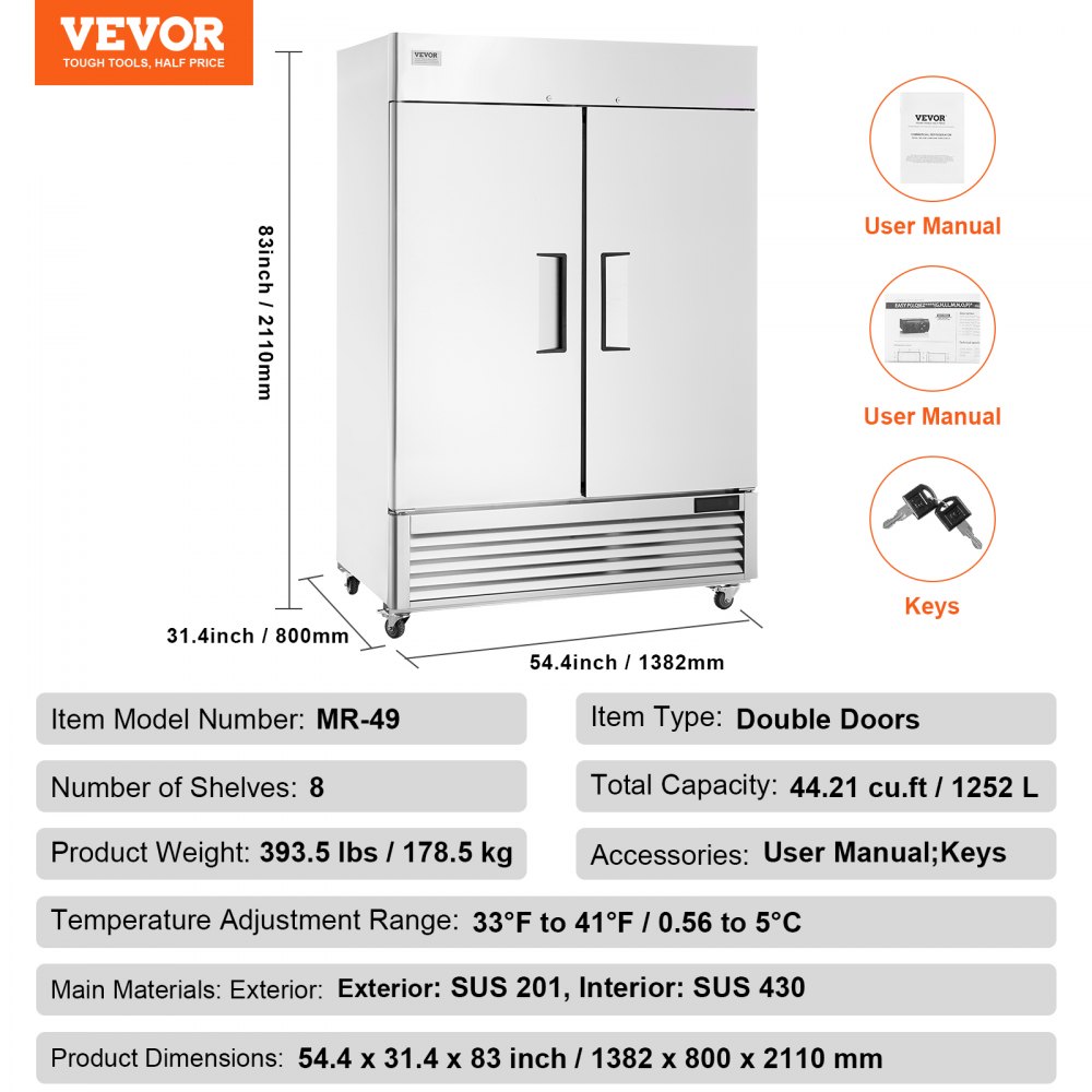 VEVOR Commercial Refrigerator 38.83 Cu.ft, Reach In Upright Refrigerator 2 Doors, Auto-Defrost Stainless Steel Reach-in Refrigerator with 6 Shelves, 28.4 to 46.4°F Temp Control and 4 Wheels