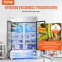 Kaupallinen VEVOR-jääkaappi 38,83 Cu.ft, ulottuva pystyssä oleva jääkaappi, 2-ovinen, automaattisesti sulava ruostumattomasta teräksestä valmistettu 6 hyllyllä varustettu jääkaappi, 28,4–46,4 °F lämpötilan säätö ja 4 pyörää