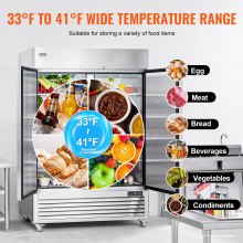 Komerční chladnička VEVOR 38,83 kubických stop, ve vzpřímené chladničce se 2 dveřmi s automatickým odmrazováním, nerezová lednička s dosahem se 6 policemi, 28,4 až 46,4 °F regulace teploty a 4 kolečky