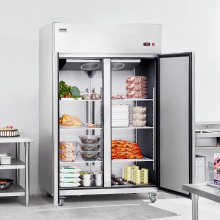 Komerčná chladnička VEVOR 38,83 kubických stôp, 2-dverová chladnička s dosahom vo vzpriamenej polohe, nerezová chladnička s automatickým odmrazovaním so 6 policami, reguláciou teploty 28,4 až 46,4 °F a 4 kolieskami