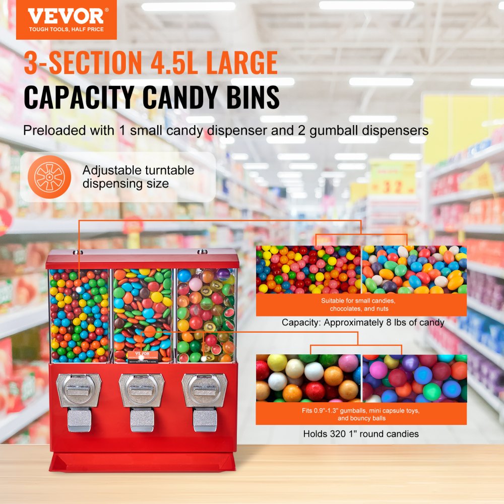 VEVOR Commercial Vending Machine, Triple Compartment Candy Dispenser with Iron Stand, Gumball and Candy Machine for Business, Coin Operated Gumball Bank for Toy Capsules Bouncy Balls Candy Nut, Red