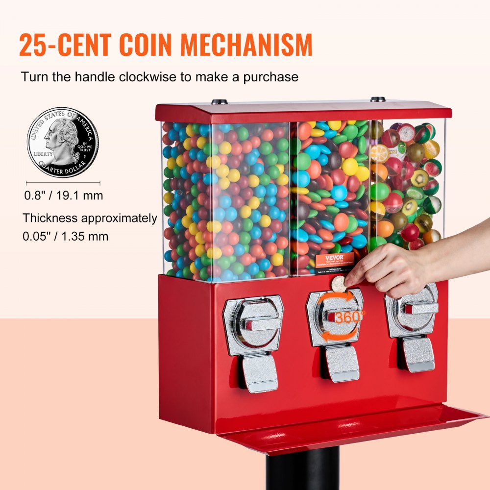 VEVOR Commercial Vending Machine, Triple Compartment Candy Dispenser with Iron Stand, Gumball and Candy Machine for Business, Coin Operated Gumball Bank for Toy Capsules Bouncy Balls Candy Nut, Red