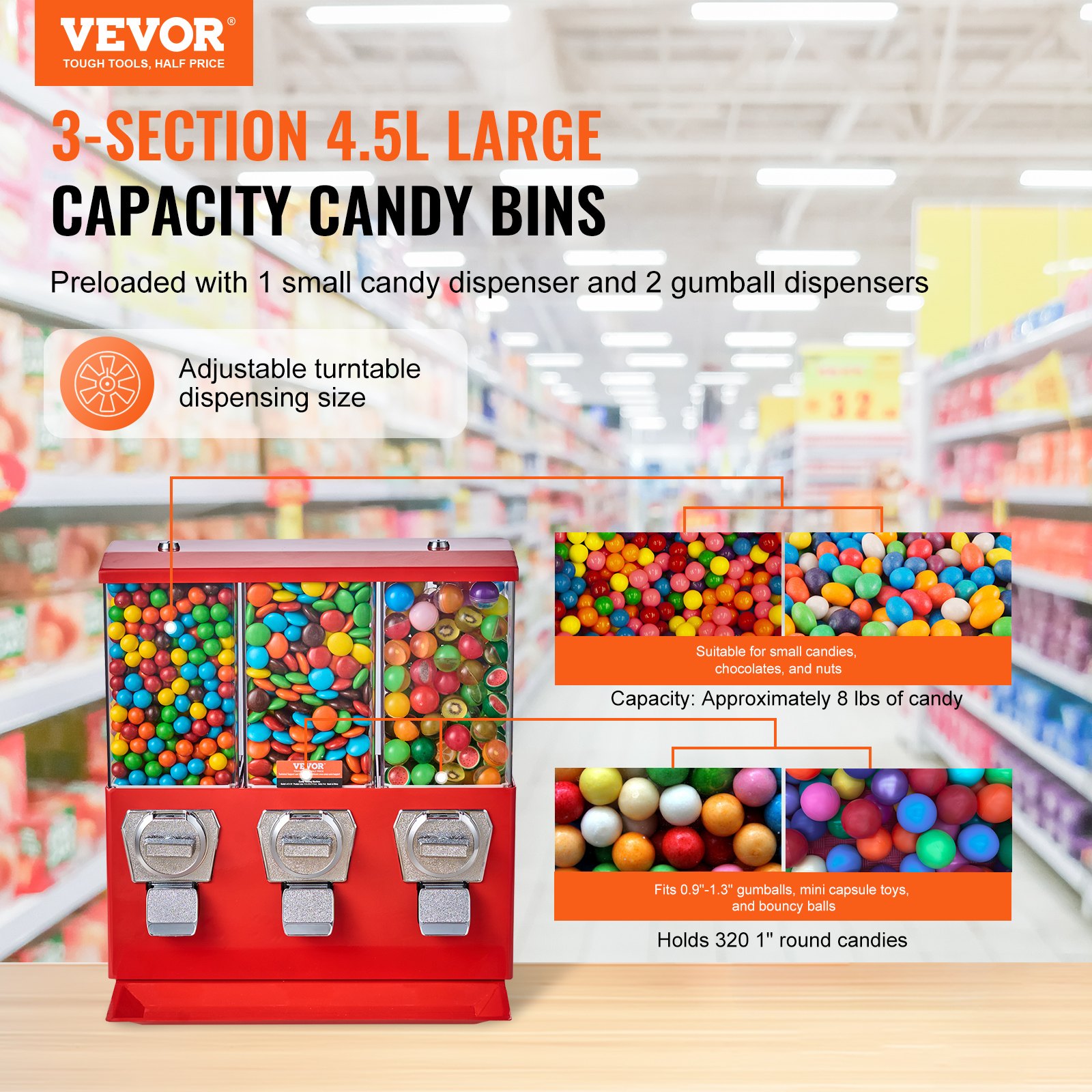 VEVOR Commercial Vending Machine, Triple Compartment Candy Dispenser with Iron Stand, Gumball and Candy Machine for Business, Coin Operated Gumball Bank for Toy Capsules Bouncy Balls Candy Nut, Red