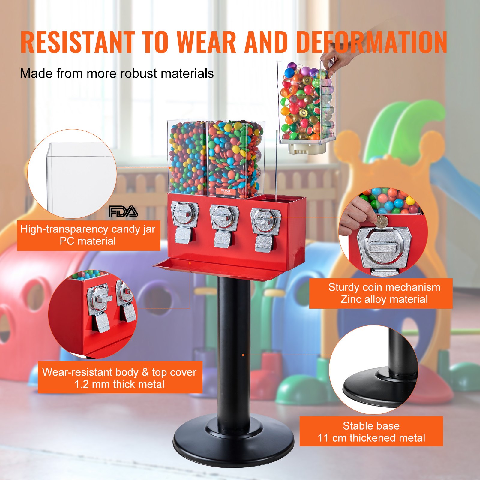 VEVOR Commercial Vending Machine, Triple Compartment Candy Dispenser with Iron Stand, Gumball and Candy Machine for Business, Coin Operated Gumball Bank for Toy Capsules Bouncy Balls Candy Nut, Red