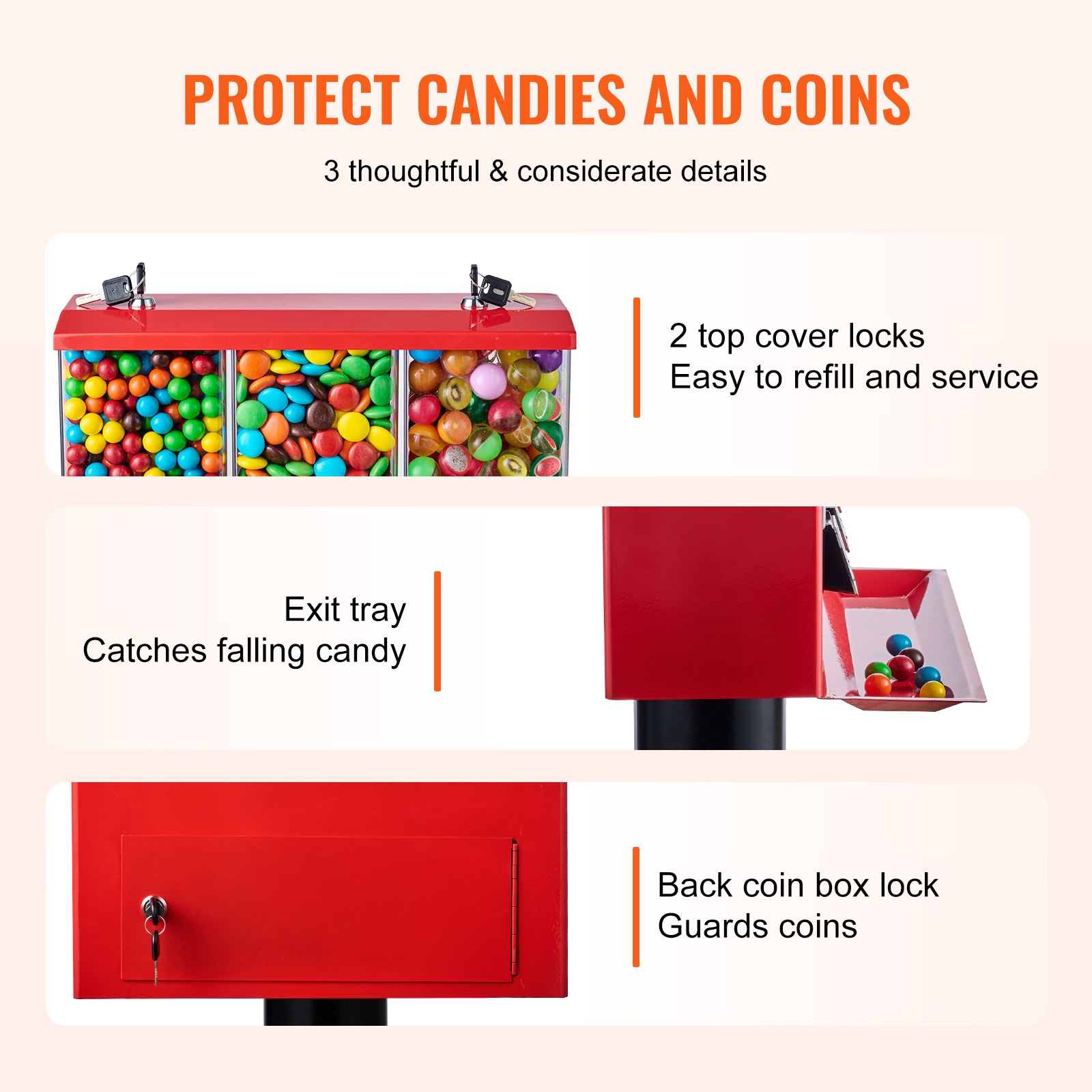 VEVOR Commercial Vending Machine, Triple Compartment Candy Dispenser with Iron Stand, Gumball and Candy Machine for Business, Coin Operated Gumball Bank for Toy Capsules Bouncy Balls Candy Nut, Red