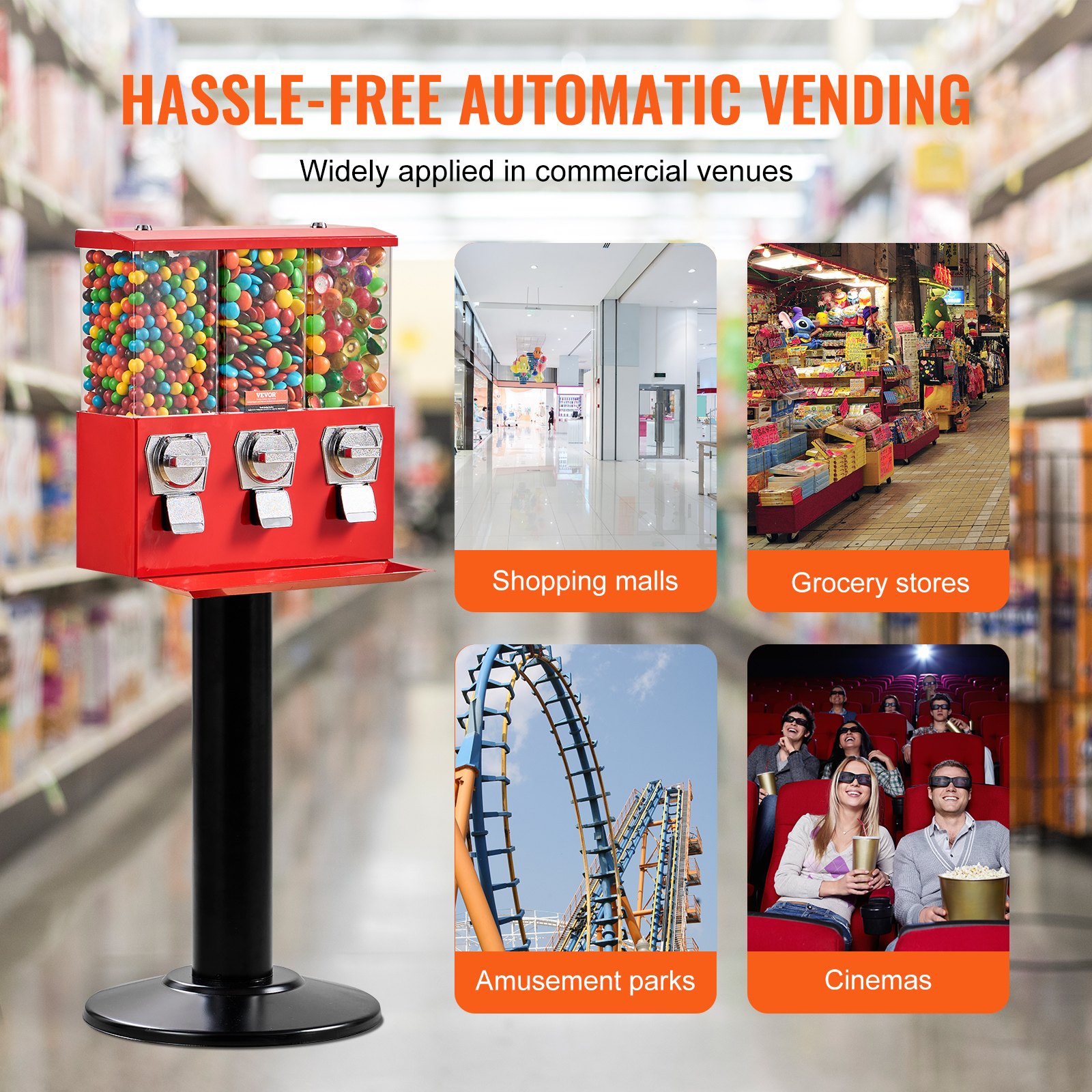 VEVOR Commercial Vending Machine, Triple Compartment Candy Dispenser with Iron Stand, Gumball and Candy Machine for Business, Coin Operated Gumball Bank for Toy Capsules Bouncy Balls Candy Nut, Red