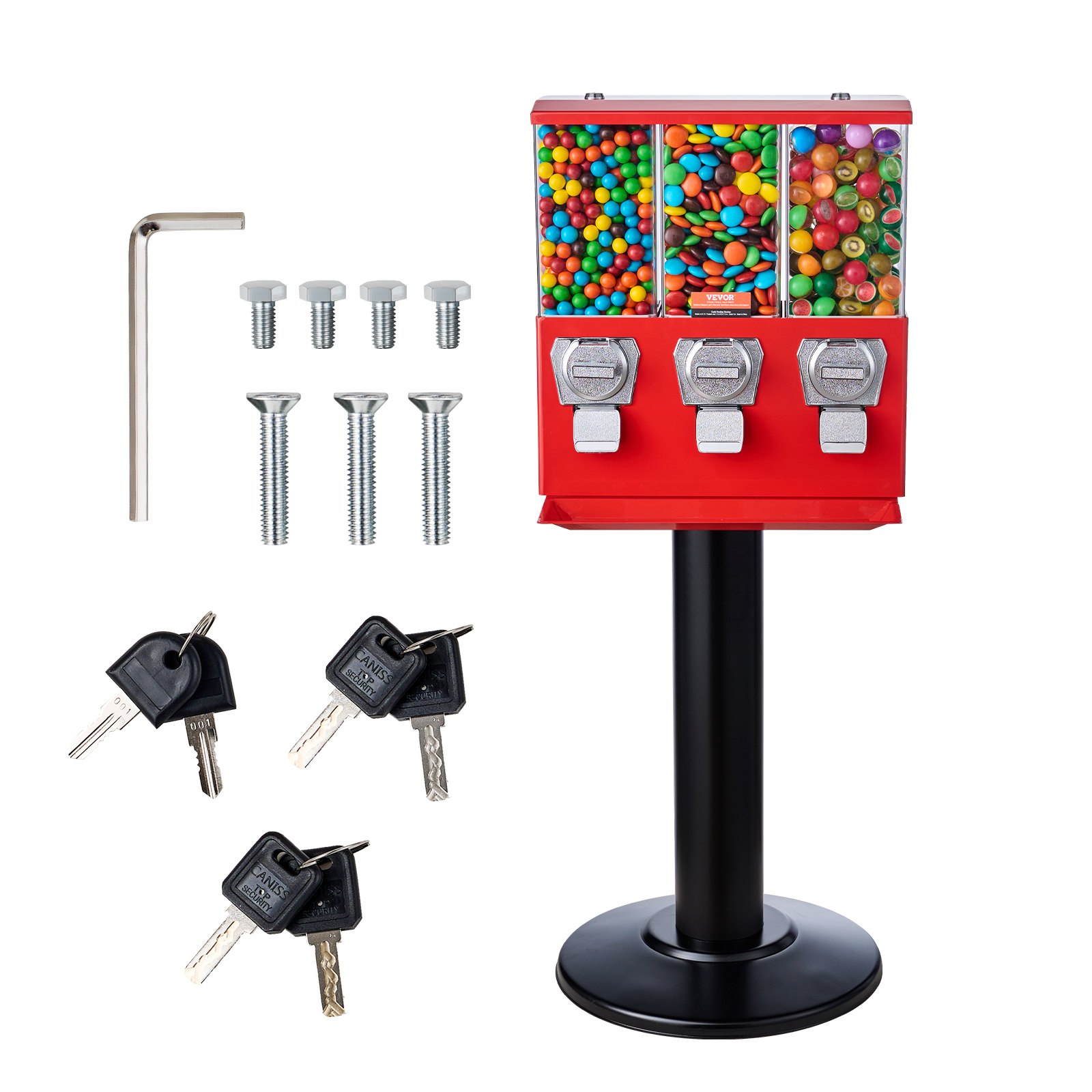 VEVOR Commercial Vending Machine, Triple Compartment Candy Dispenser with Iron Stand, Gumball and Candy Machine for Business, Coin Operated Gumball Bank for Toy Capsules Bouncy Balls Candy Nut, Red