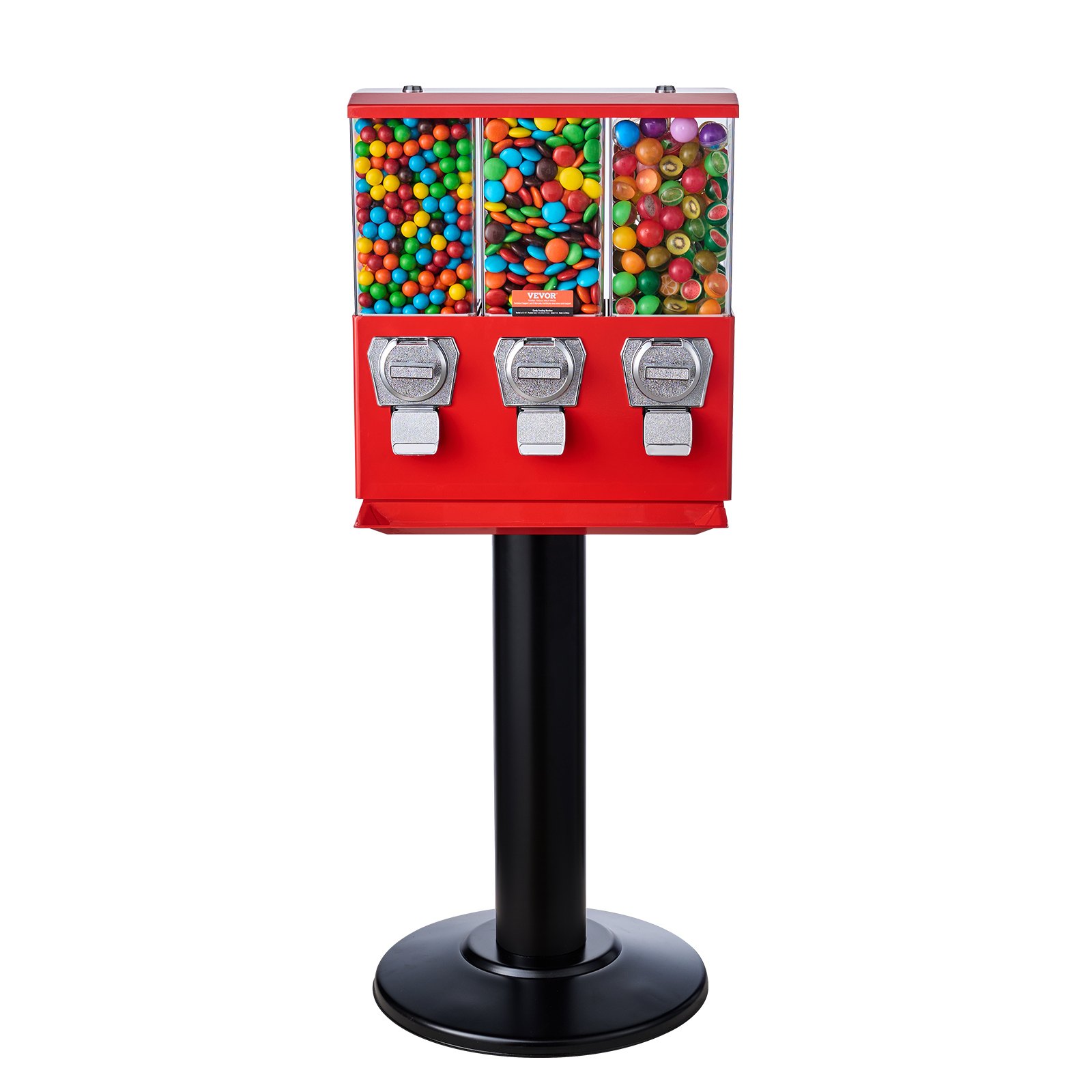 VEVOR Commercial Vending Machine, Triple Compartment Candy Dispenser with Iron Stand, Gumball and Candy Machine for Business, Coin Operated Gumball Bank for Toy Capsules Bouncy Balls Candy Nut, Red