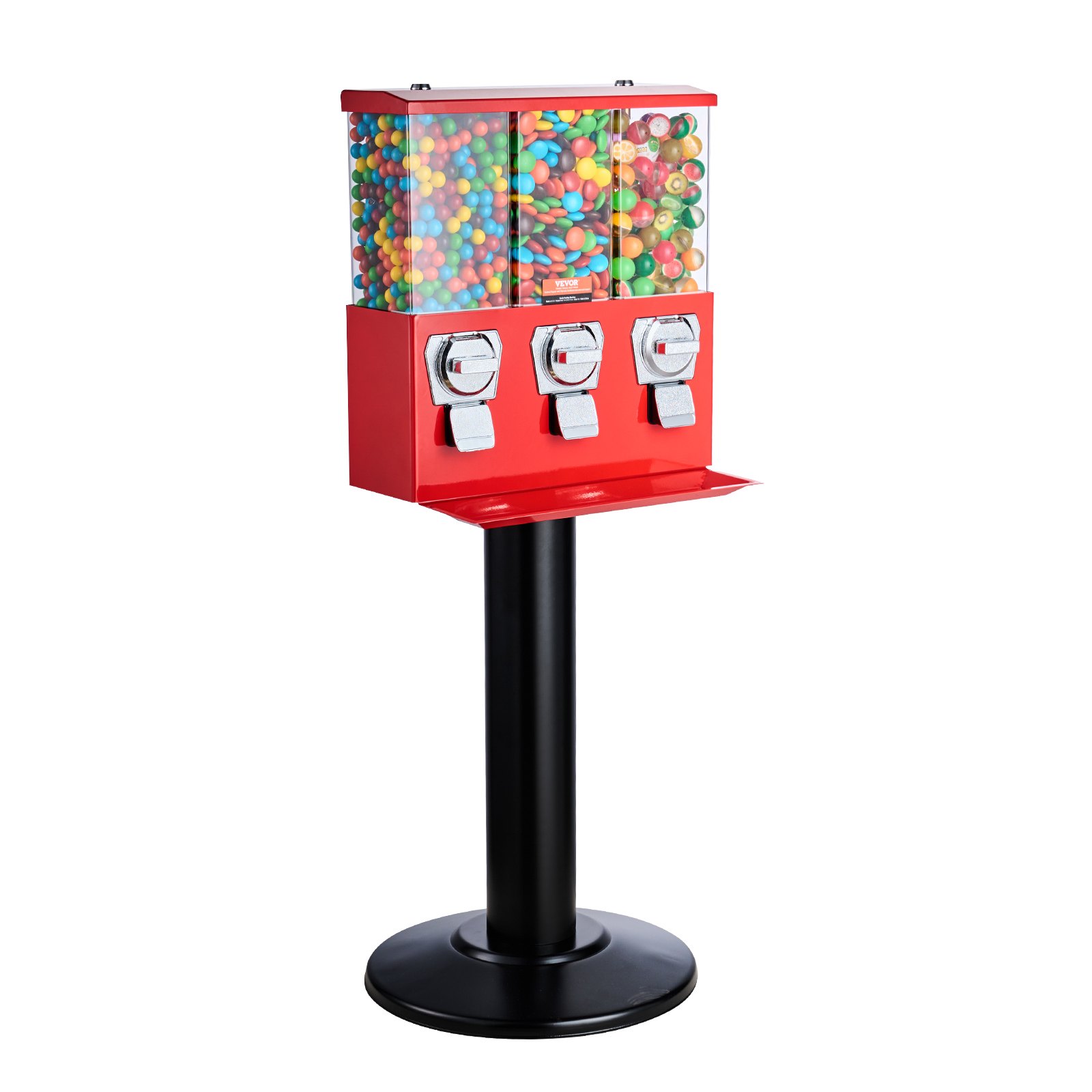 VEVOR Commercial Vending Machine, Triple Compartment Candy Dispenser with Iron Stand, Gumball and Candy Machine for Business, Coin Operated Gumball Bank for Toy Capsules Bouncy Balls Candy Nut, Red