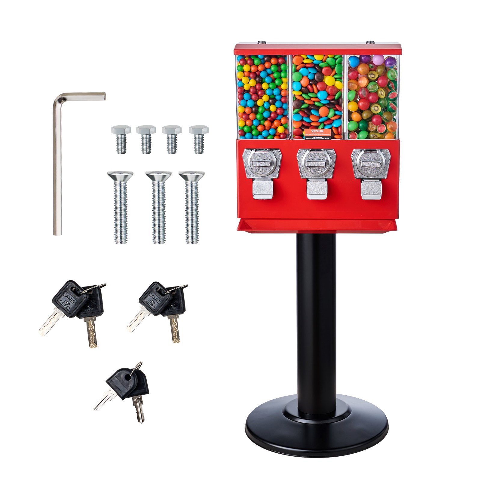 VEVOR Commercial Vending Machine, Triple Compartment Candy Dispenser with Iron Stand, Gumball and Candy Machine for Business, Coin Operated Gumball Bank for Toy Capsules Bouncy Balls Candy Nut, Red