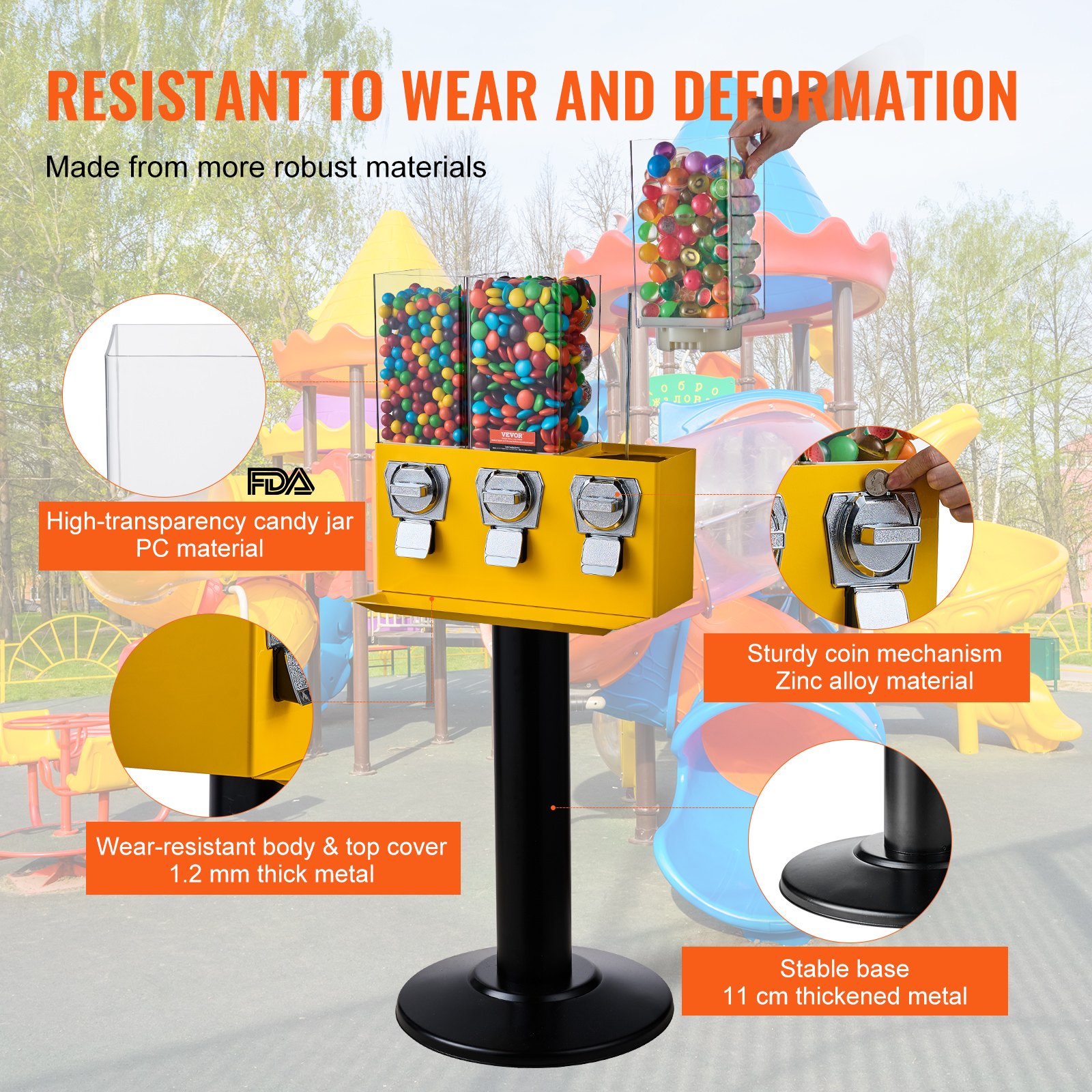 VEVOR Commercial Vending Machine, Triple Compartment Candy Dispenser with Iron Stand, Gumball and Candy Machine for Business, Coin Operated Gumball Bank for Toy Capsules Bouncy Balls Candy Nut, Yellow