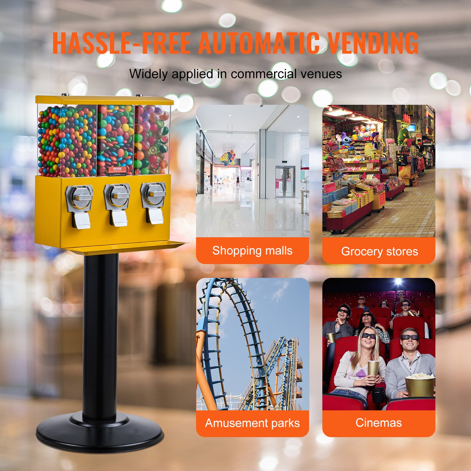 VEVOR Commercial Vending Machine, Triple Compartment Candy Dispenser with Iron Stand, Gumball and Candy Machine for Business, Coin Operated Gumball Bank for Toy Capsules Bouncy Balls Candy Nut, Yellow